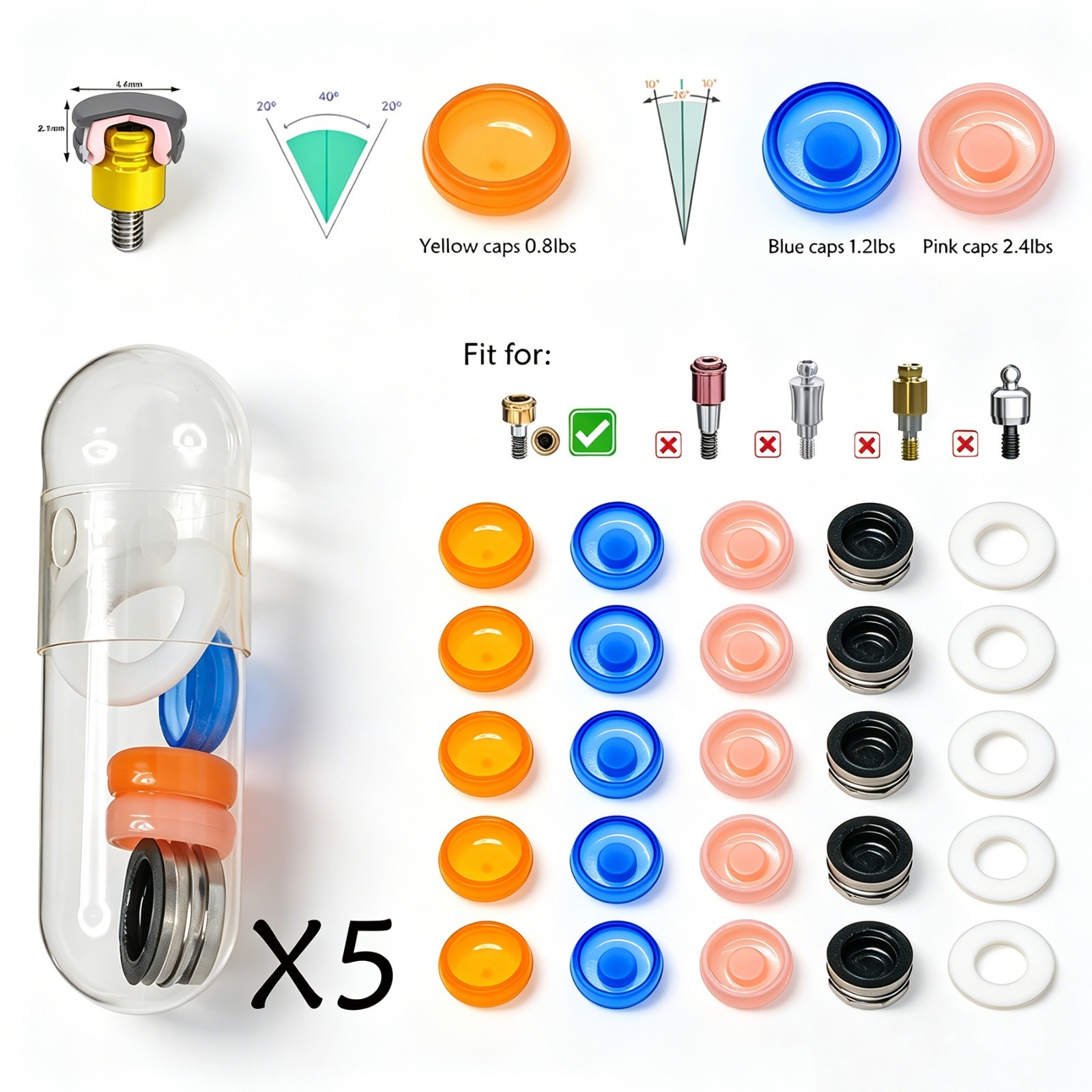 5Set Dental Universal Retention Inserts For Zest Locator Overdenture Male Caps