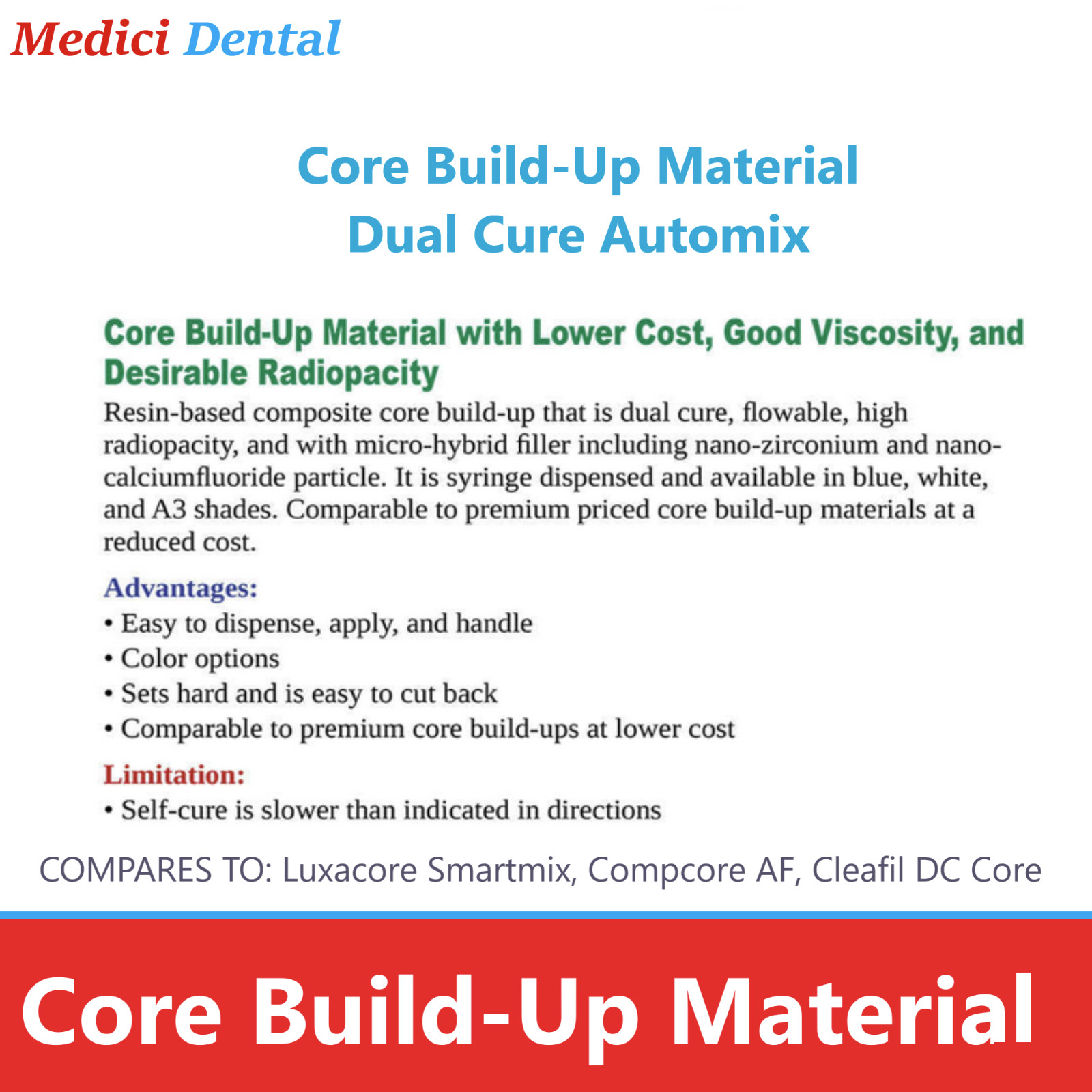 Dental Dual Cure Core BuildUp Core Material, Automix Syring, Blue, White, A3
