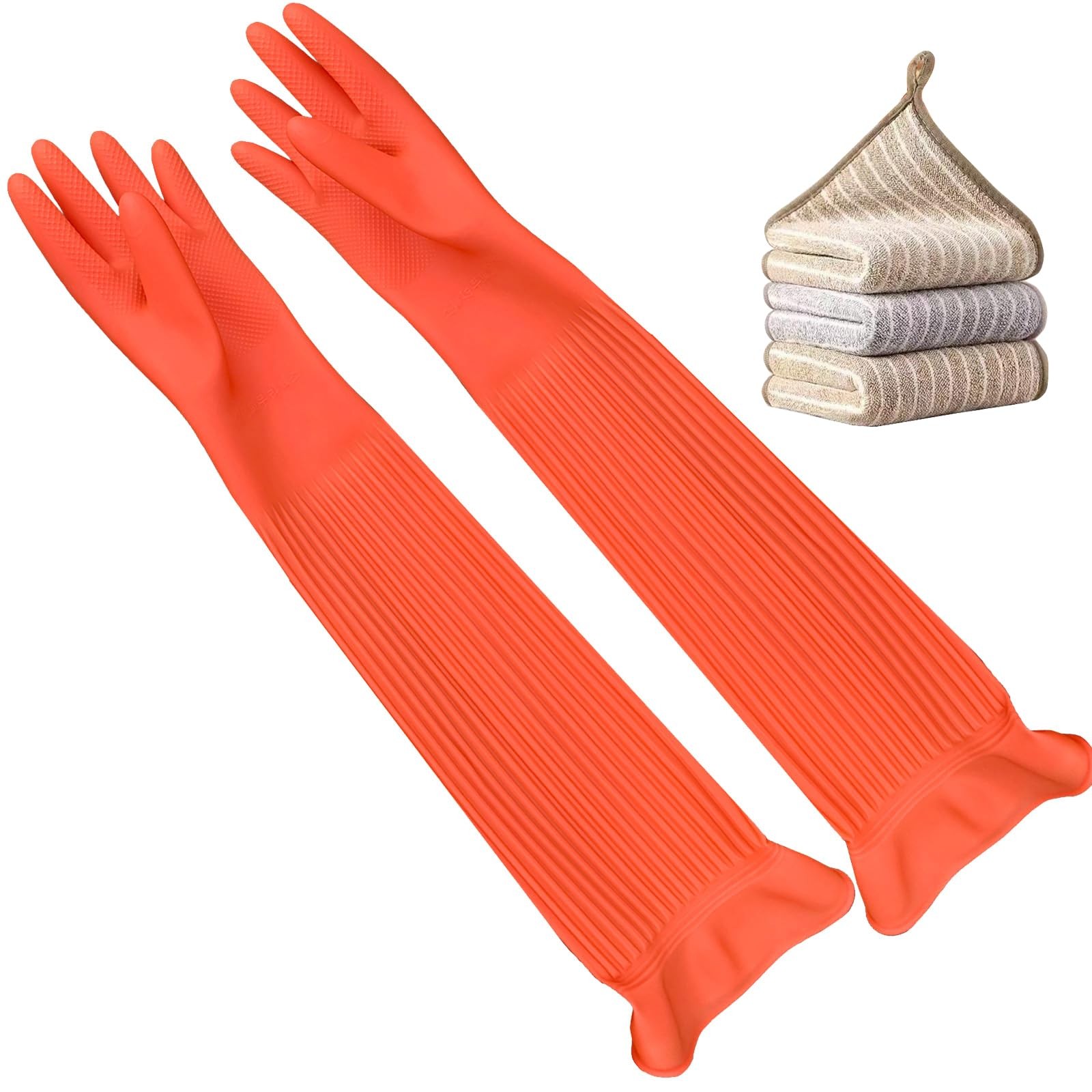 3 Pairs Extra Long Kitchen Dishwashing Gloves, 20.05in, Red, Medium
