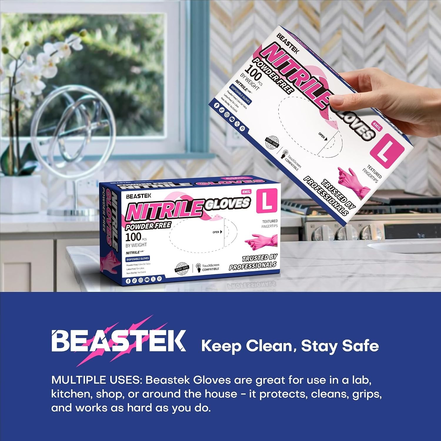 100Ct Hot Pink Nitrile Gloves – 4Mil, Powder-Free, Latex-Free for Multiple Uses