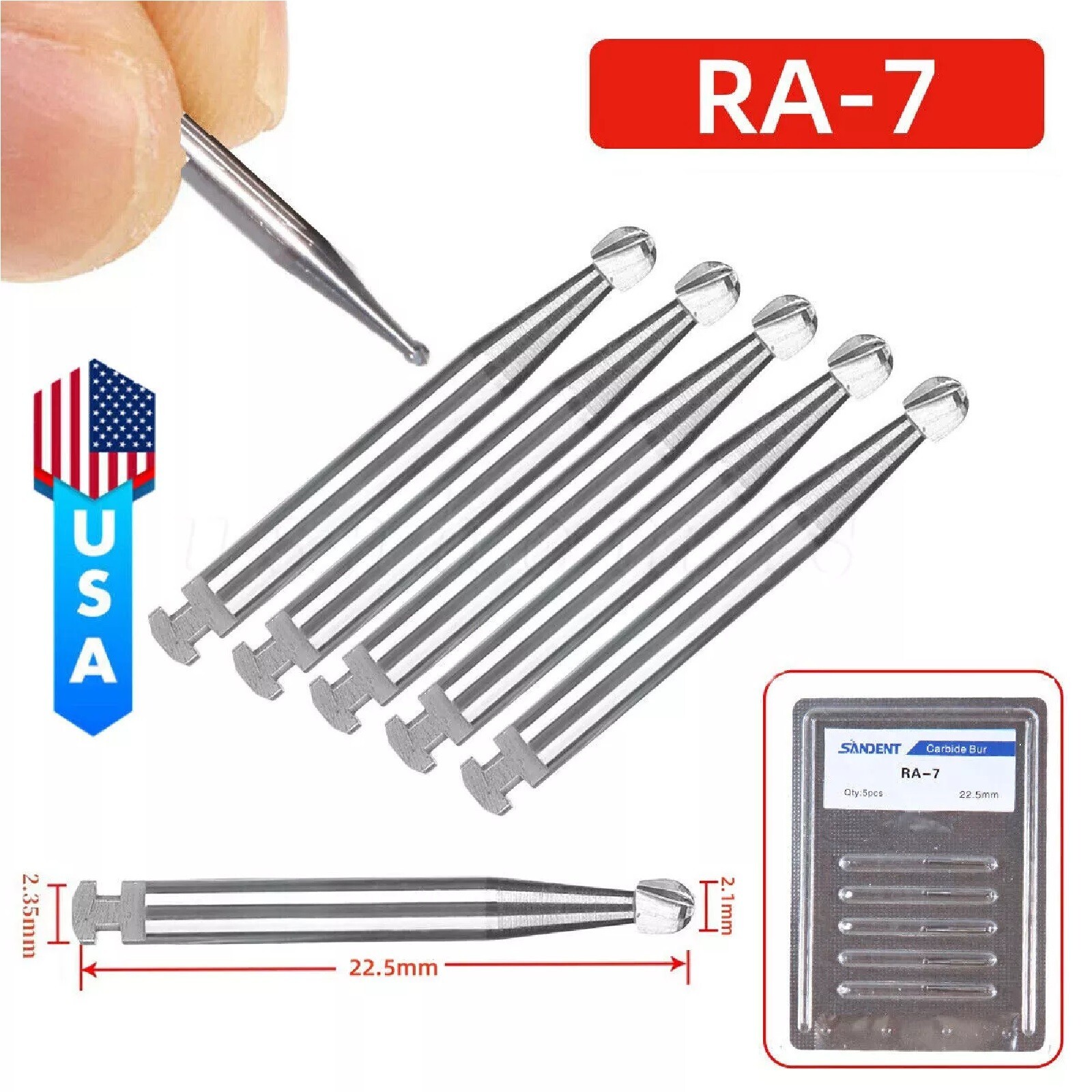 5 Pcs/Pack Dental 22.5mm Round Carbide Bur Slow Speed Latch Type RA7 Burs USA