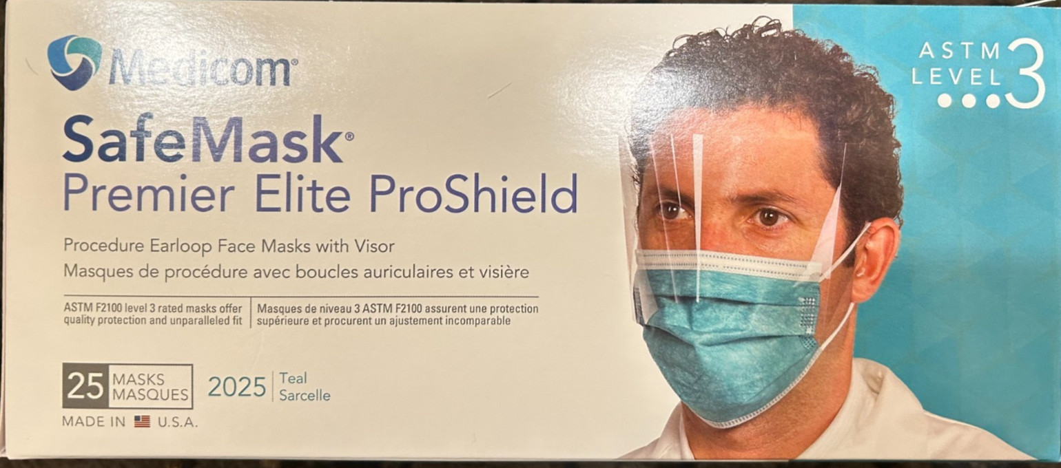 Medicom SafeMask Permier Elite ProShield Face Mask with Visor, Teal, 25/Bx