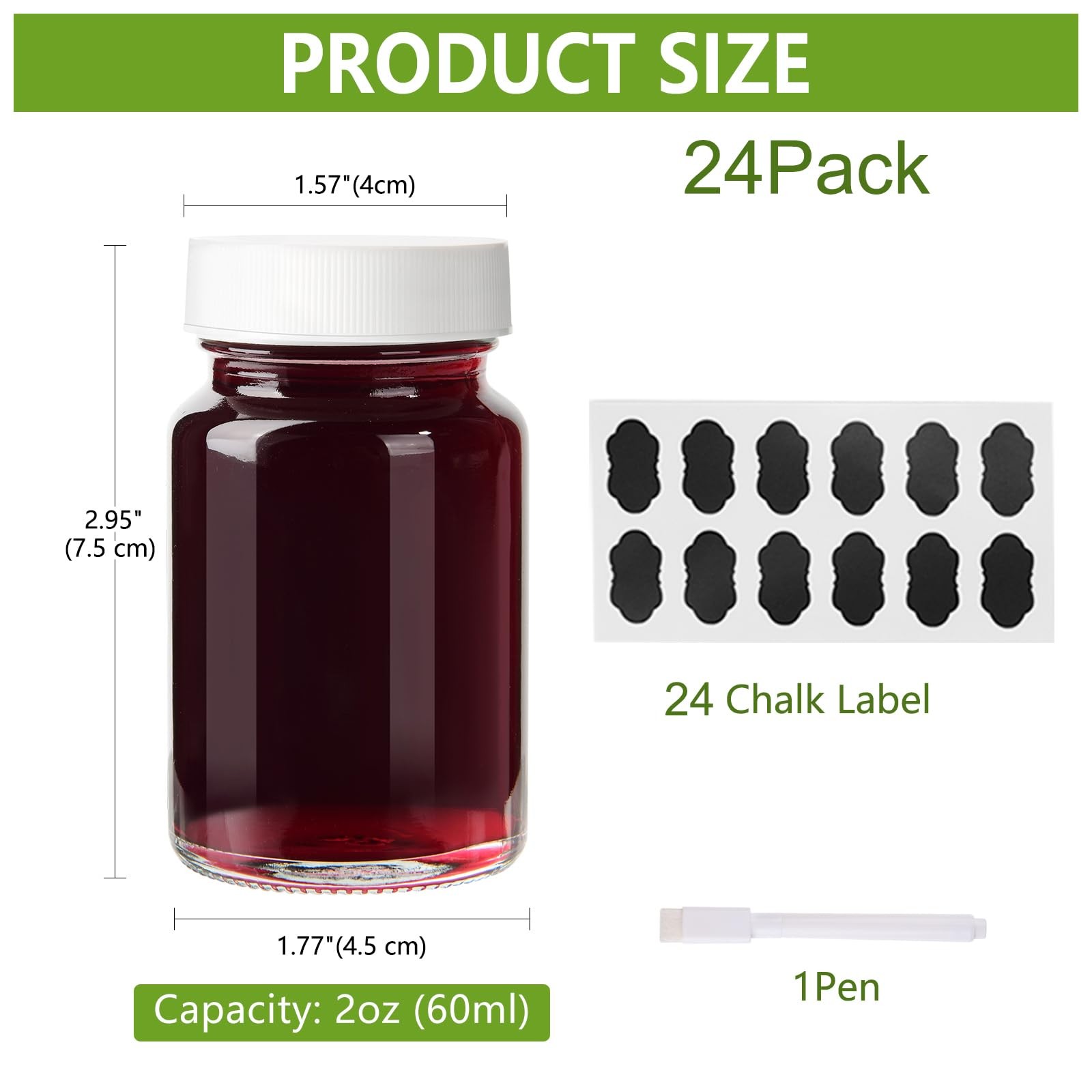 24 Pack 2 oz Reusable Small Glass Bottles with Lids, Wellness 2oz_24pack