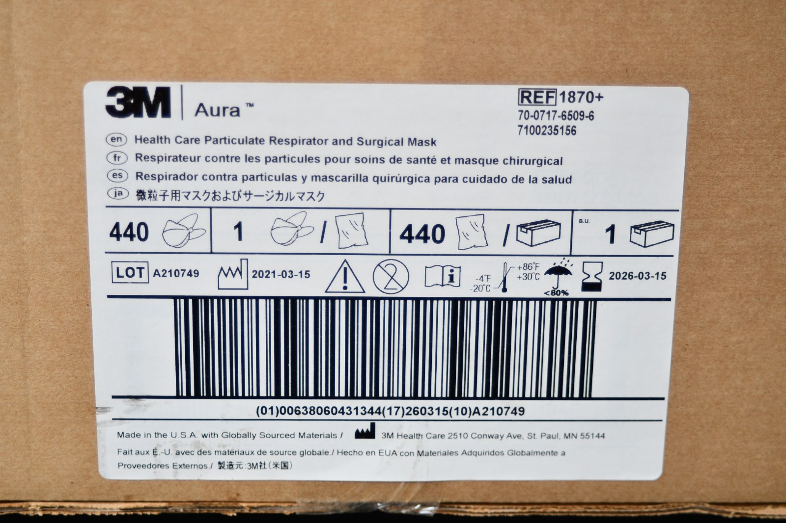 Case of 440 3M Aura N95 1870+ Respirator and Surgical Face Masks, Exp. 2026-03