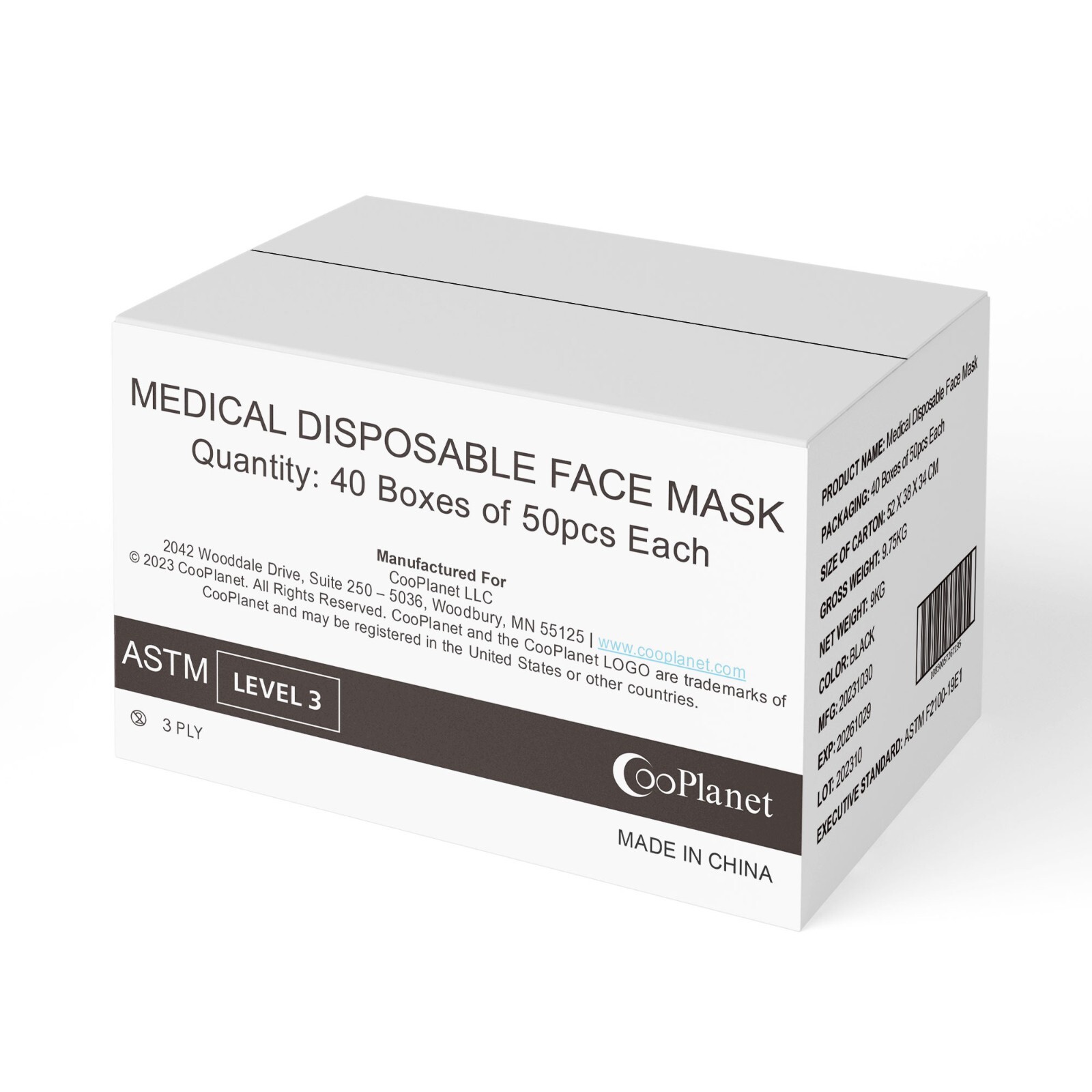 CooPlanet – Black ASTM Level 3, 99% PFE, Medical-Grade, Face Mask (2000 Case