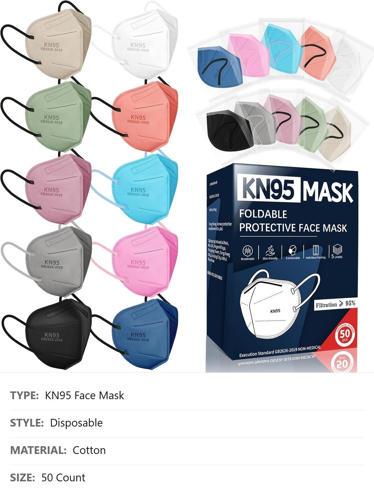 Disposable KN95 Face Masks, 50 Pack, 10 Colors, Individually Wrapped