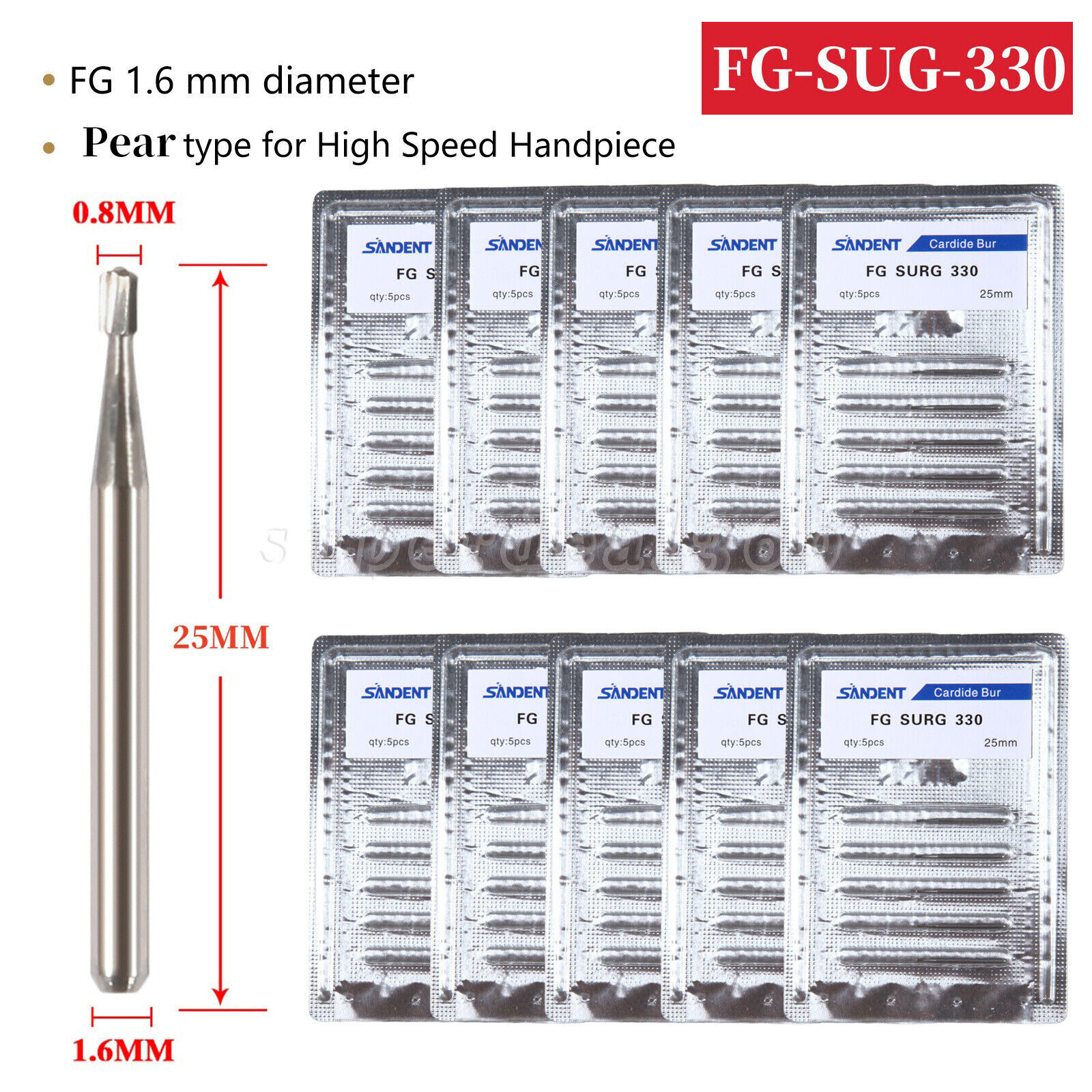 5-50PCS Dental Pear Shape Surgical Carbide Burs FG SURG 330 25mm High Speed SA