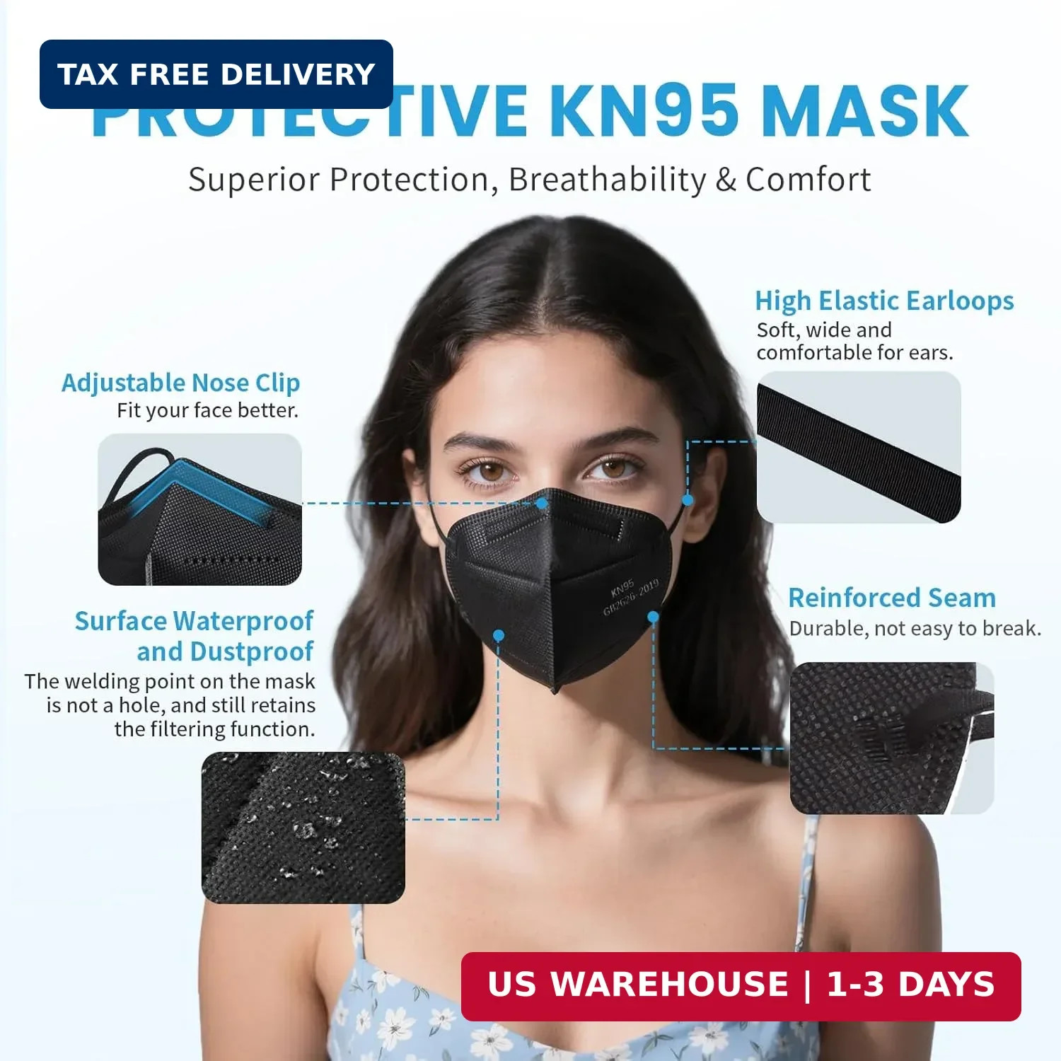 akgk KN95 Face Mask 50 PCS, Breathable Protection Masks, 5-Ply KN95 Black Masks,