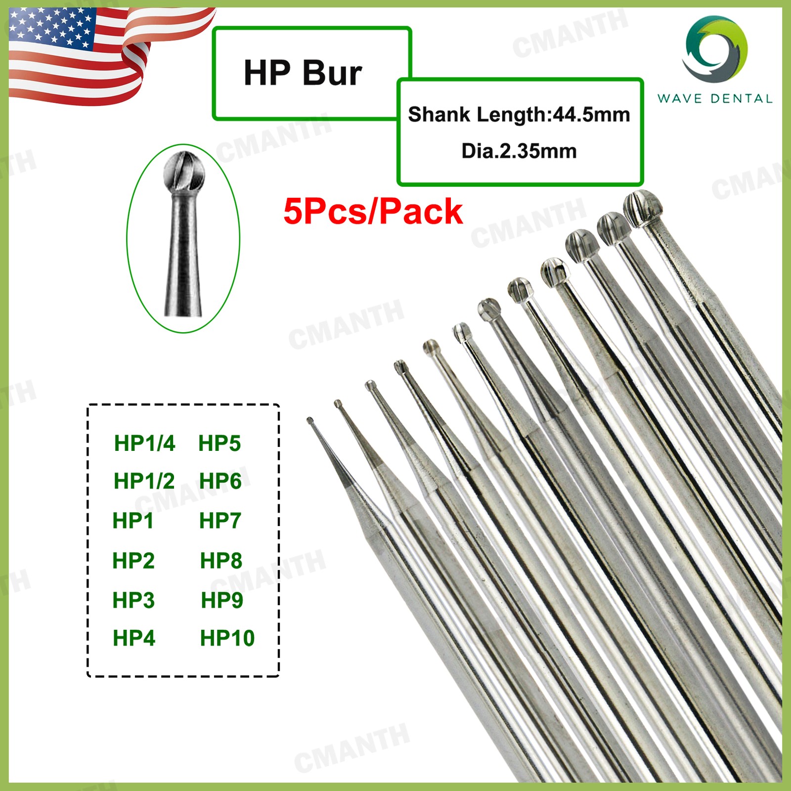 WAVE Dental Carbide Burs HP Round Head Low Speed Bur for Straight Handpiece US