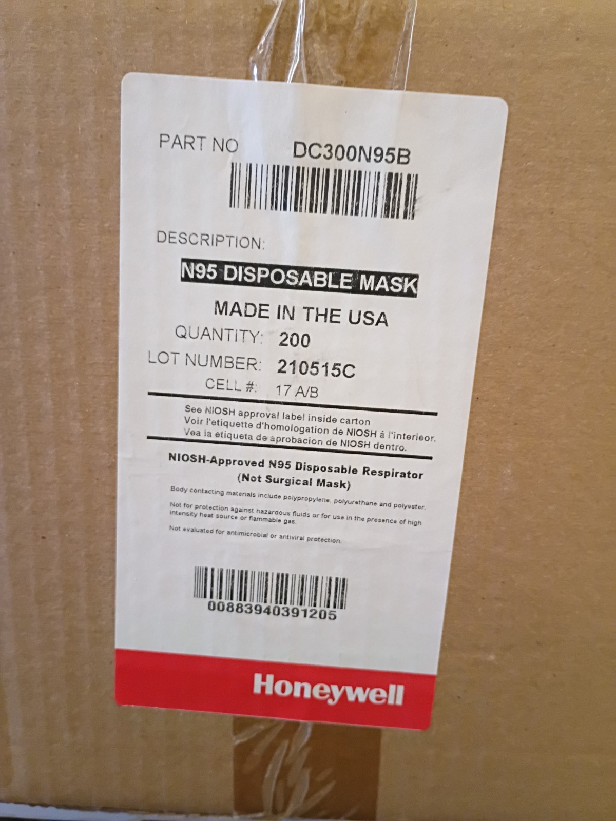 200 Honeywell N95 DC300N95B Respirator Particle Masks Disposable NIOSH