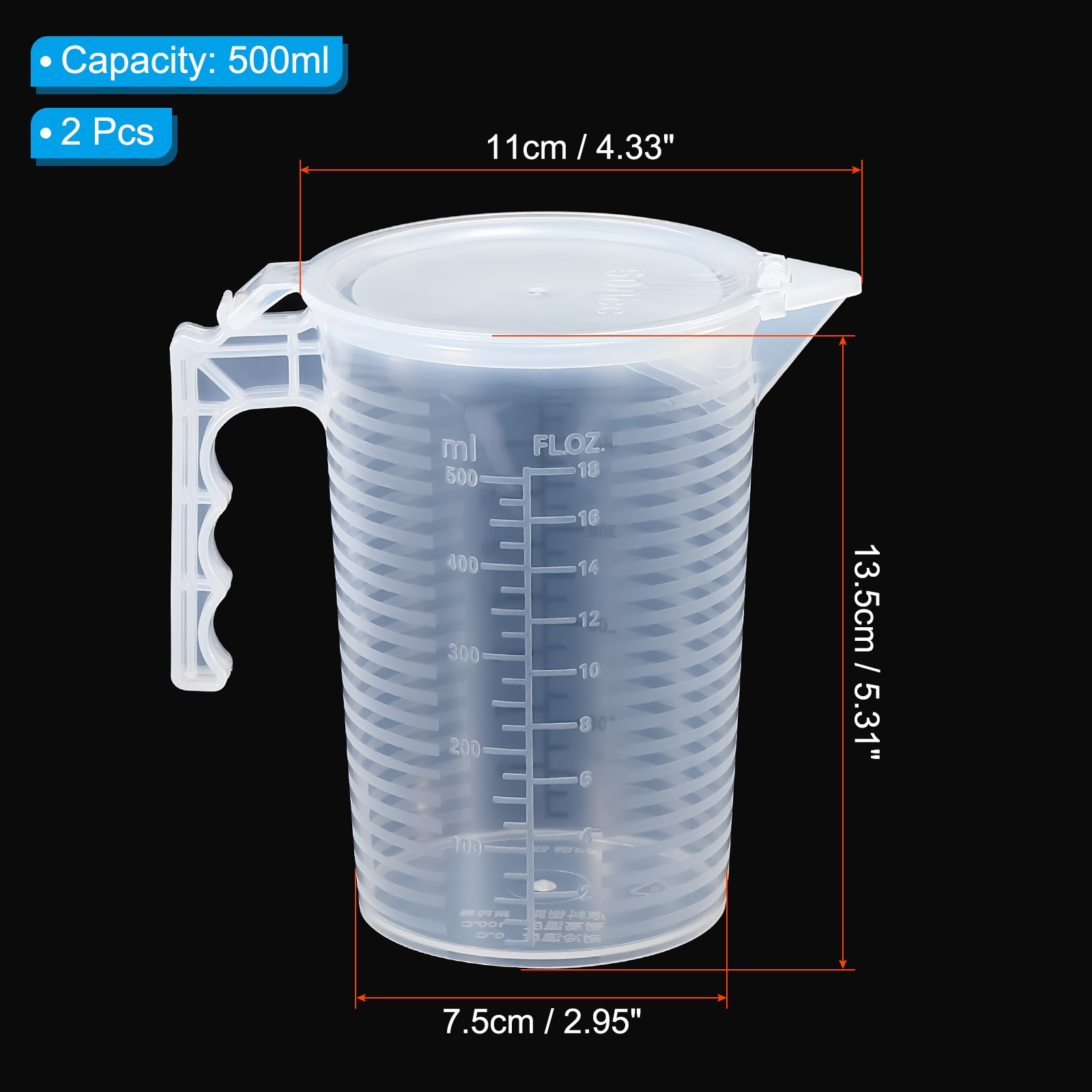 2Pcs Graduated Beaker 500ml PP Plastic Cup Double Sided Black Graduations