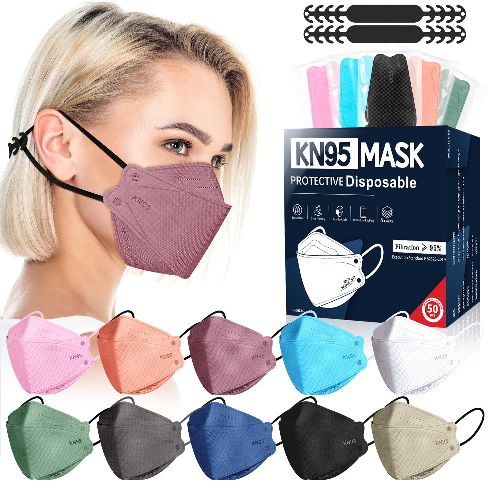 50 Pack KN95 Face Masks 5 Layer Disposable Adults Dust Smoke Hospital, Free Ship
