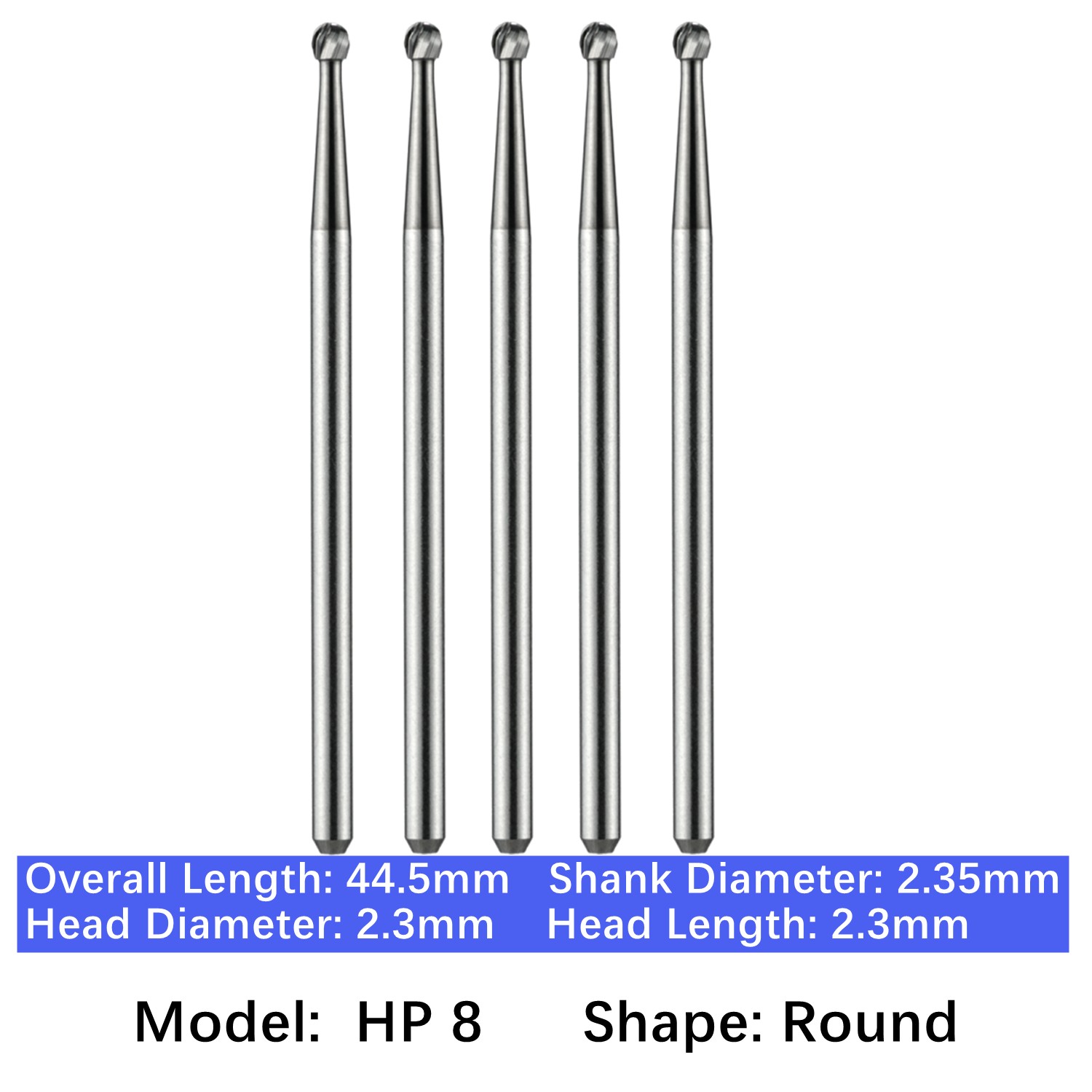 5/pk Vakker Dental Carbide Burs Long Straight HP Round Taper Burs for Low Speed