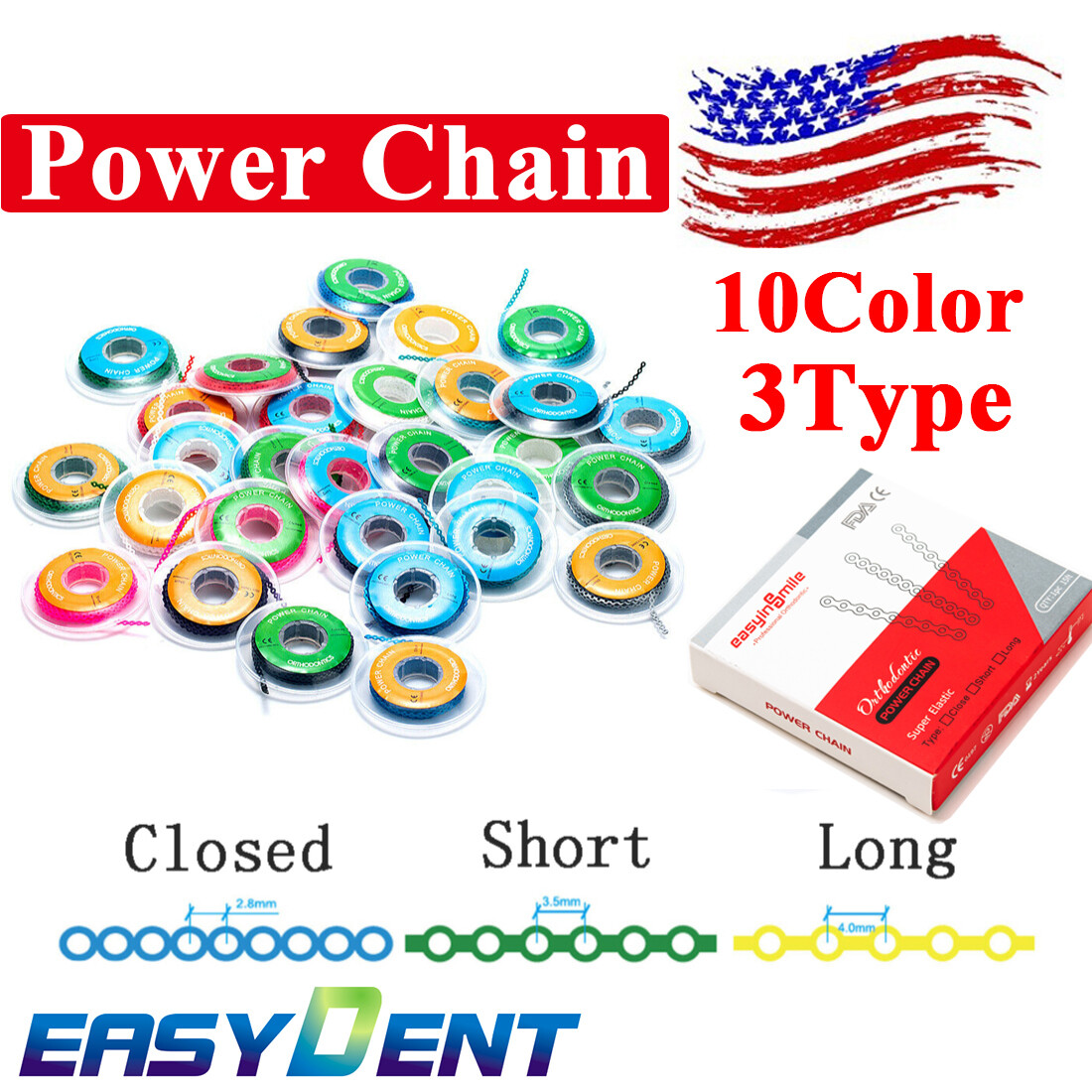 Dental Brace Power Chain Orthodontic Elastic Ultra Spool 3size Ring Roll 15Sheet