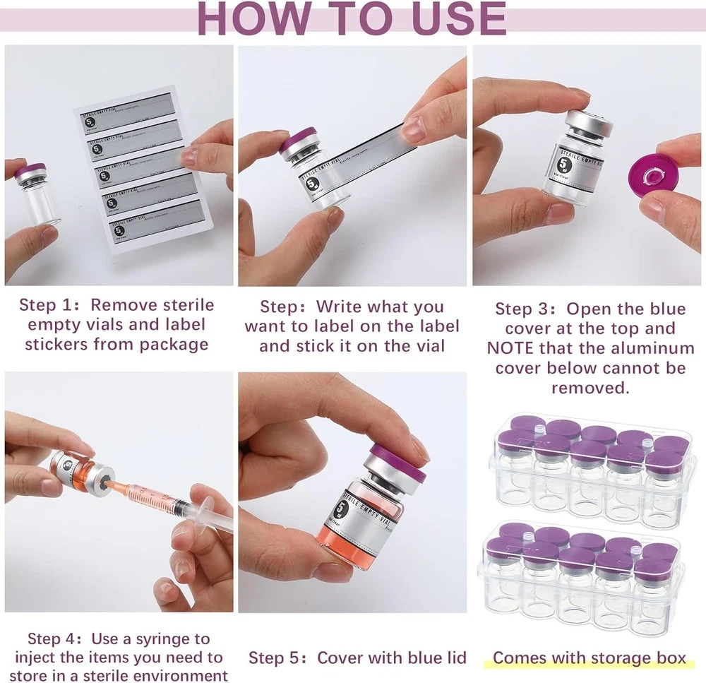 20pcs 5ml Sterile Empty Glass Vials with Self Healing Injection Port + Labels