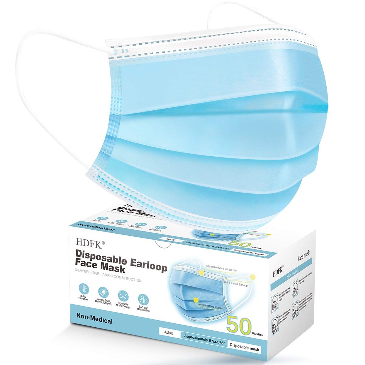 Disposable Adults 3Ply Non-Woven with Nose Clip Ear Loop Blue 50Pack