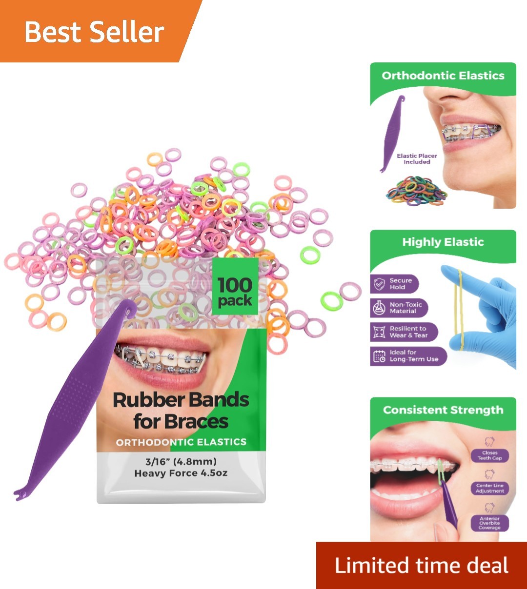 Heavy Force Neon Orthodontic Rubber Bands 100 Pack for Braces