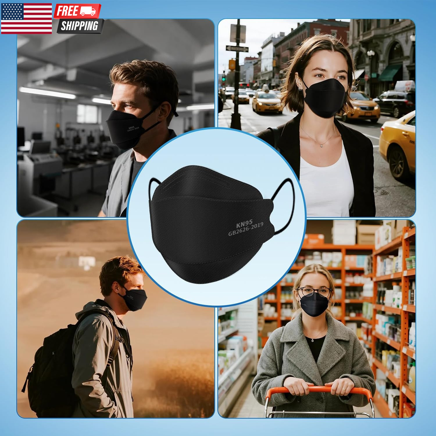 KN95 Face Masks for Adults 50 Pack,5-Ply Black Disposable Face Mask against PM 2