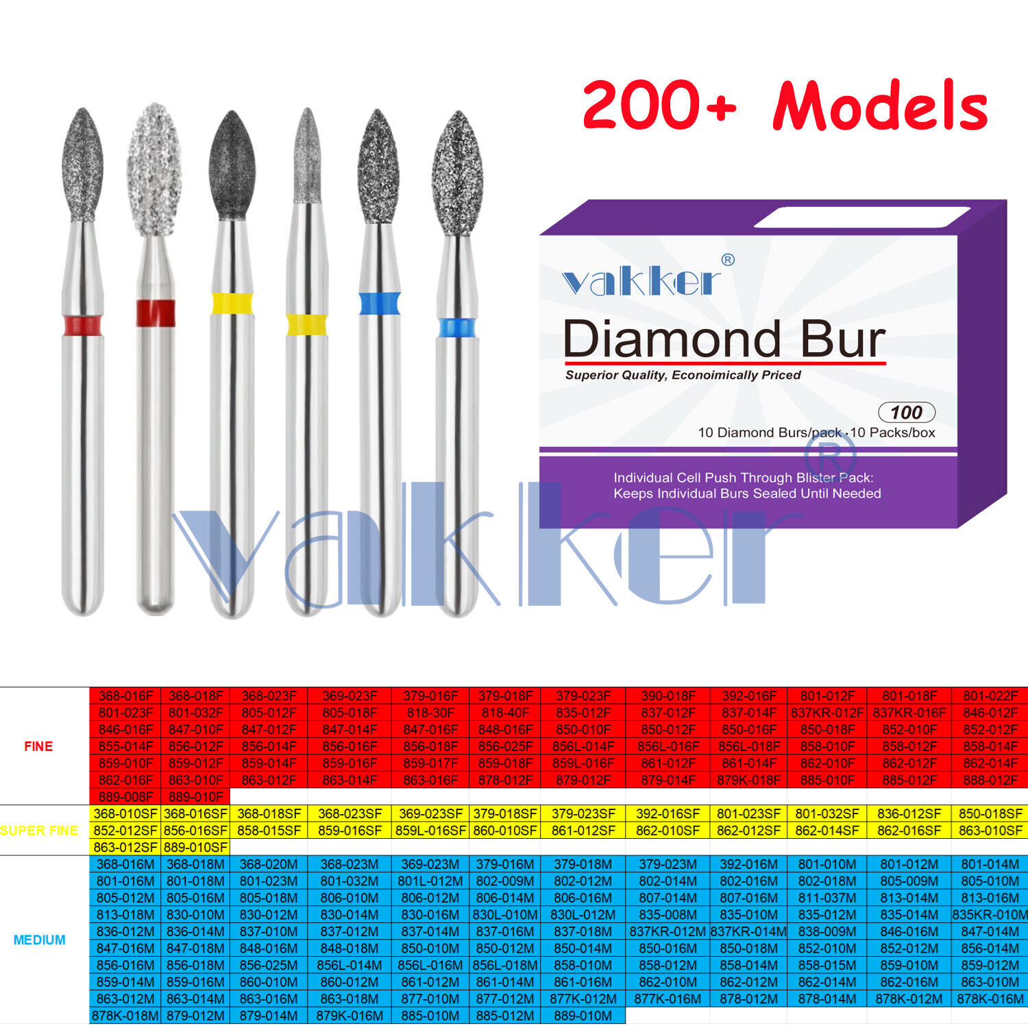 10pc Dental Super Fine/Fine/Medium Grit Diamond Burs for Handpiece Friction Grip