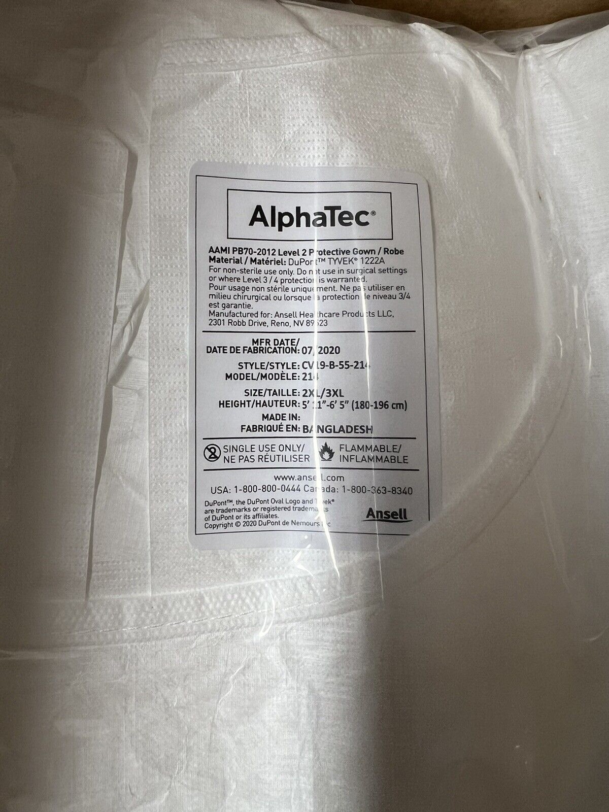 Ansell AlphaTec AAMI PB70-2012 Level 2 Protective Gown/Robe Medical 50 pcs/Box