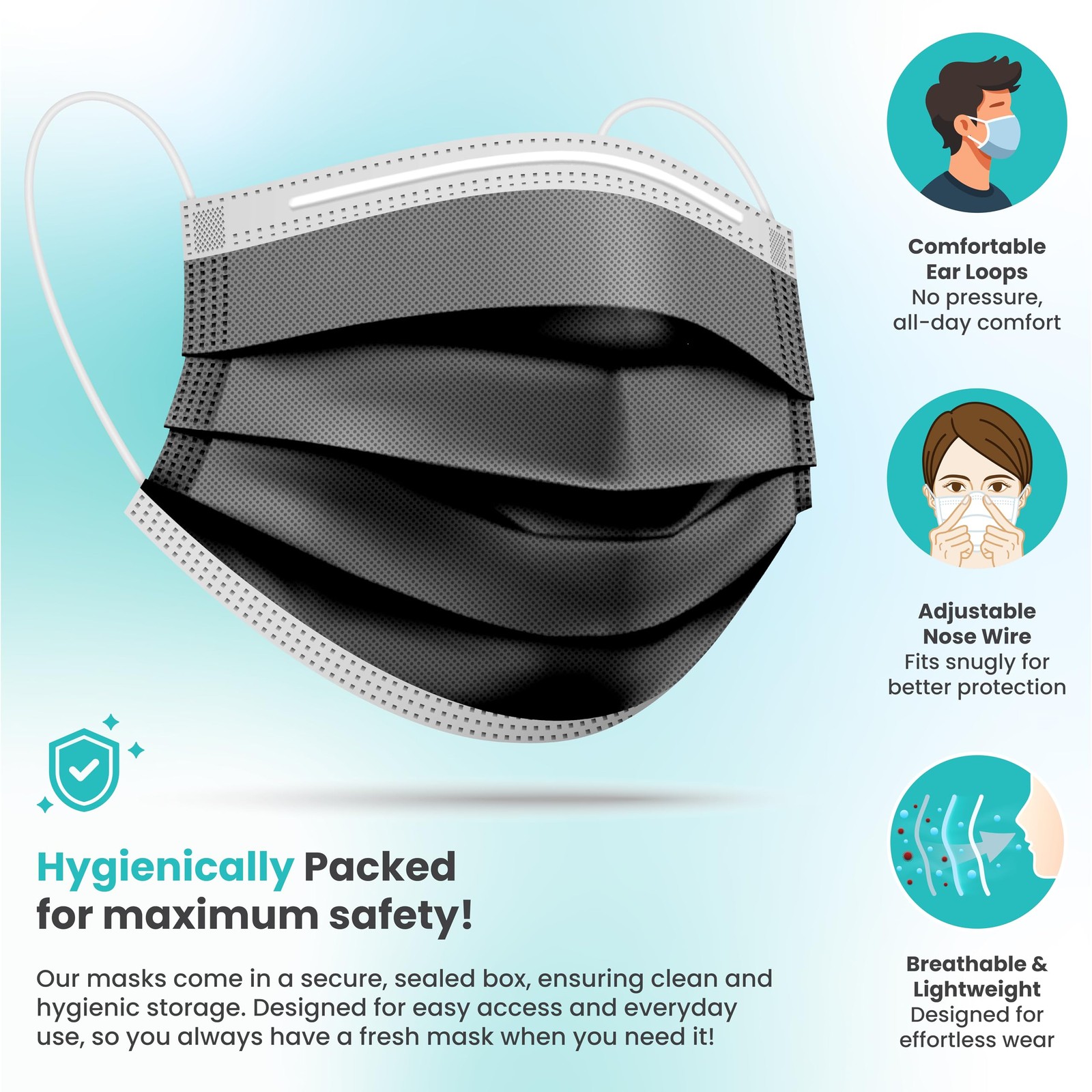 Pack Of 150] Black Disposable Face Mask, 3-Ply Adult Masks, Facial Cover with…