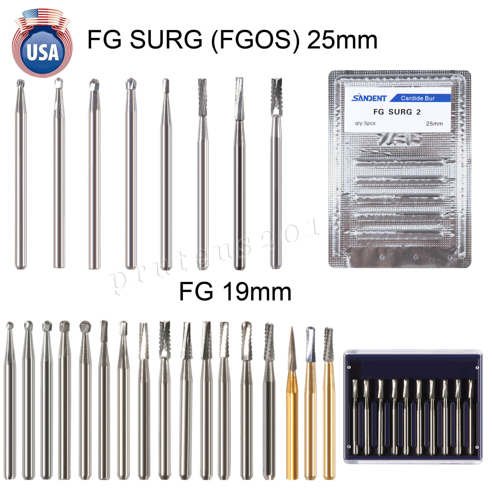 USA Dental Carbide Burs FG Round 19mm/Surgical Burs 25mm 40 Types For High Speed