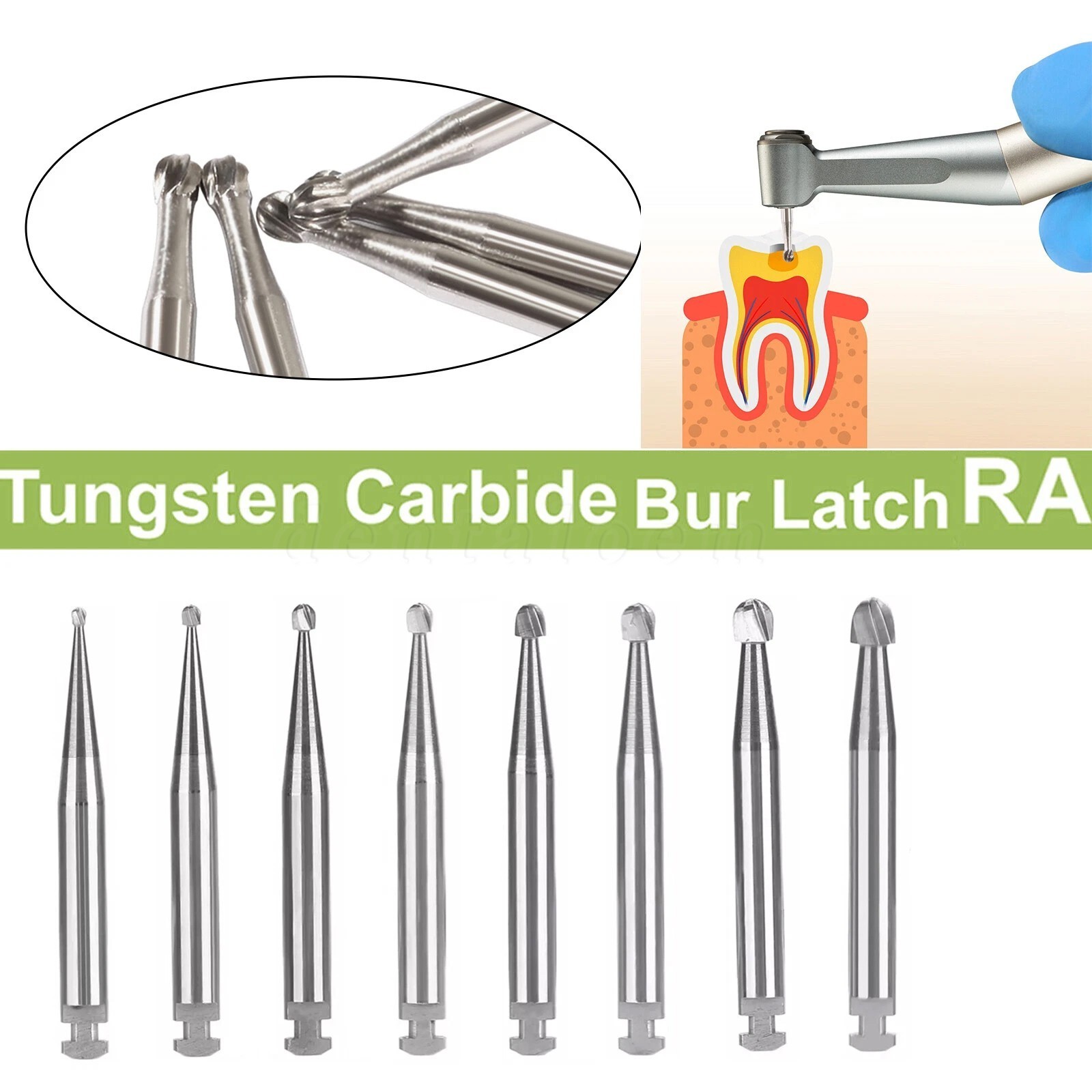 8 Types Dental Round Carbide Burs For Slow Speed Contra Angle Latch Type RA #1-8