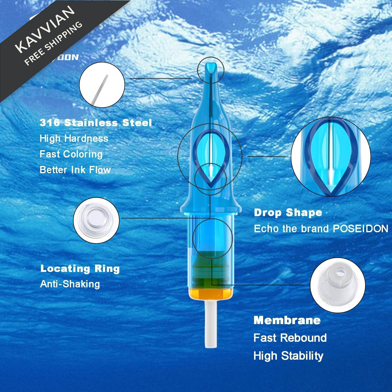 POSEIDON V3 Tattoo Cartridge Needles 30PCS Mixed Size 30MIX-12RL, Sea blue