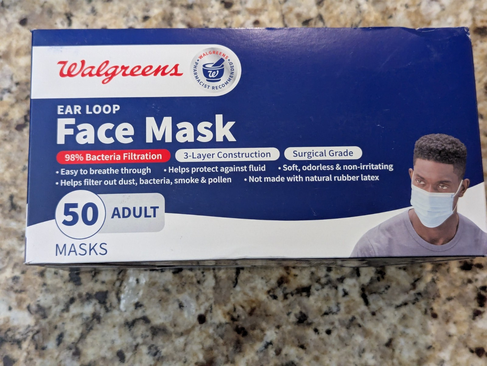 Walgreens Ear Loop Face Mask Adult Size Blue 50 count