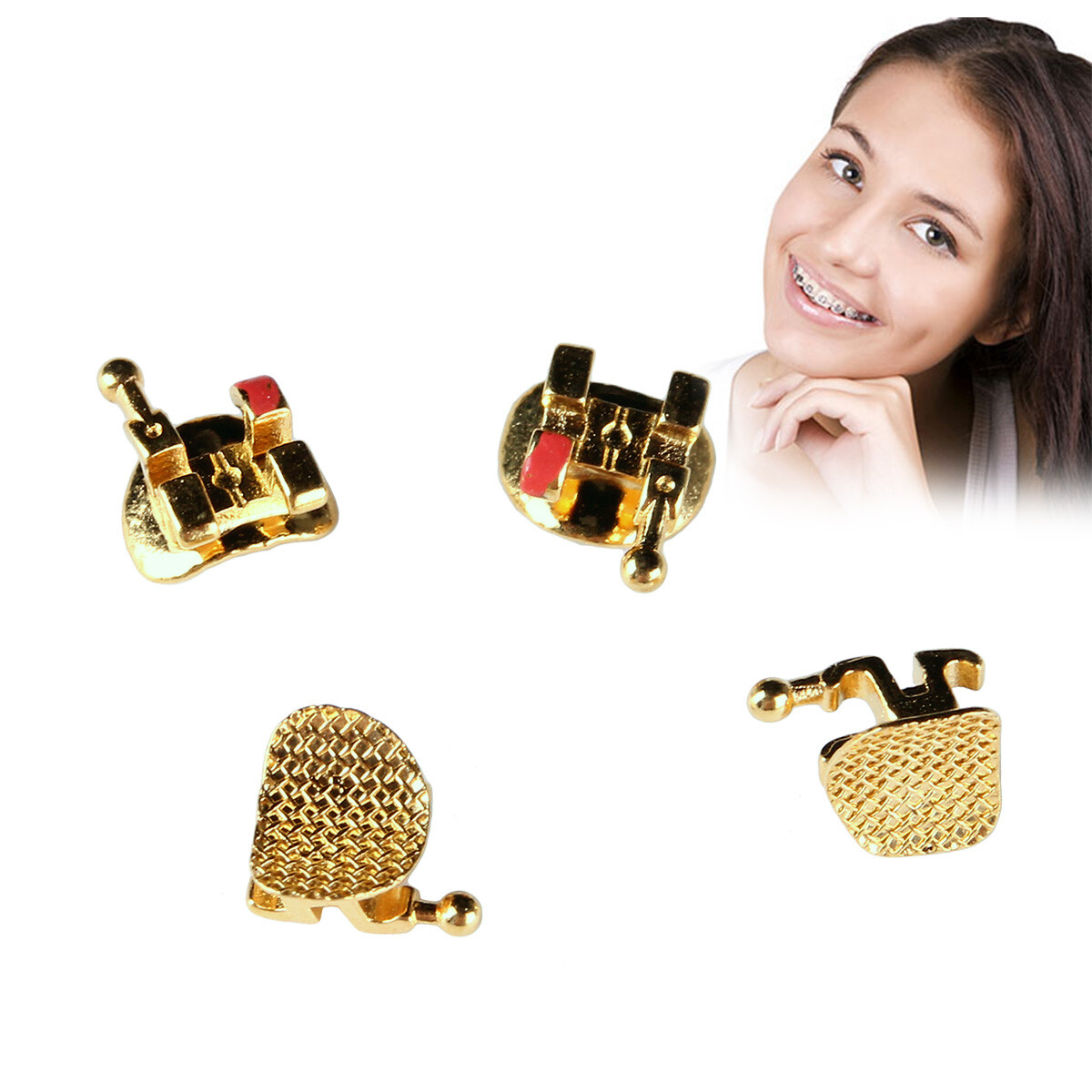 Dental Orthodontic Metal Brackets Braces 24K Gold Plated Mini MBT.022 345 Hooks