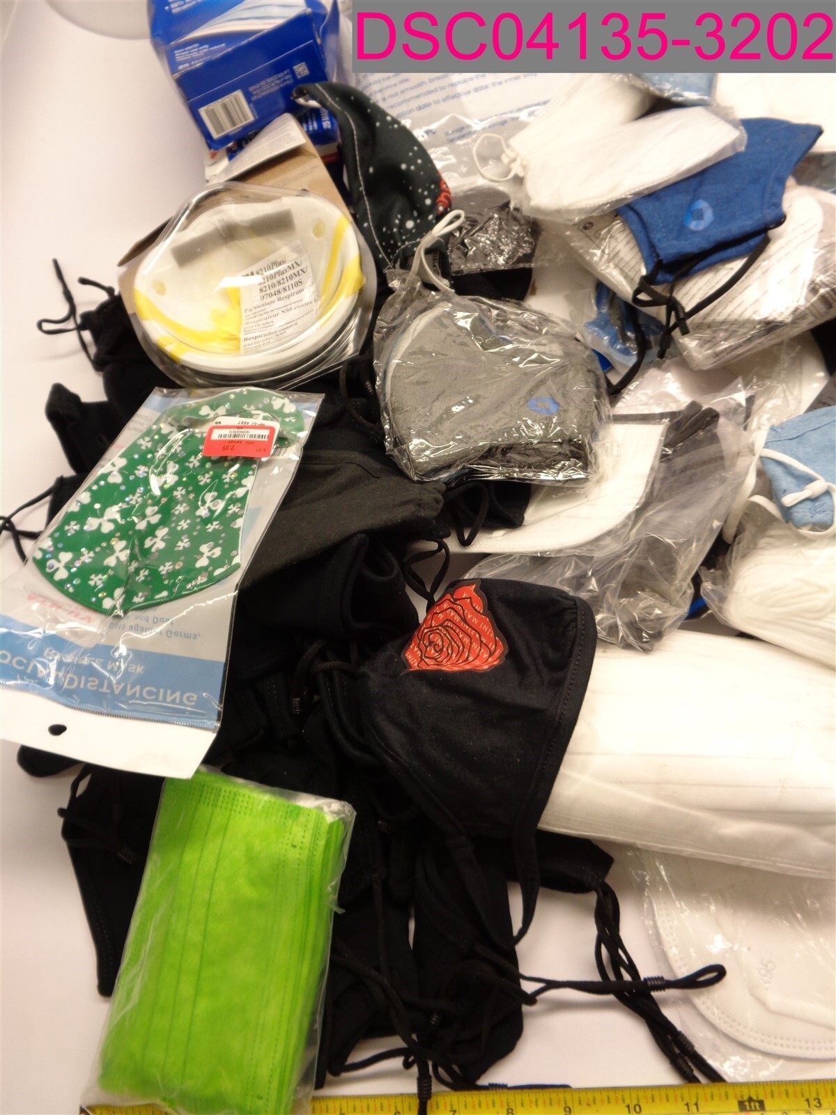 QTY=670; Face Mask Mixed Lot, Variety, Colors & Sizes & Styles.