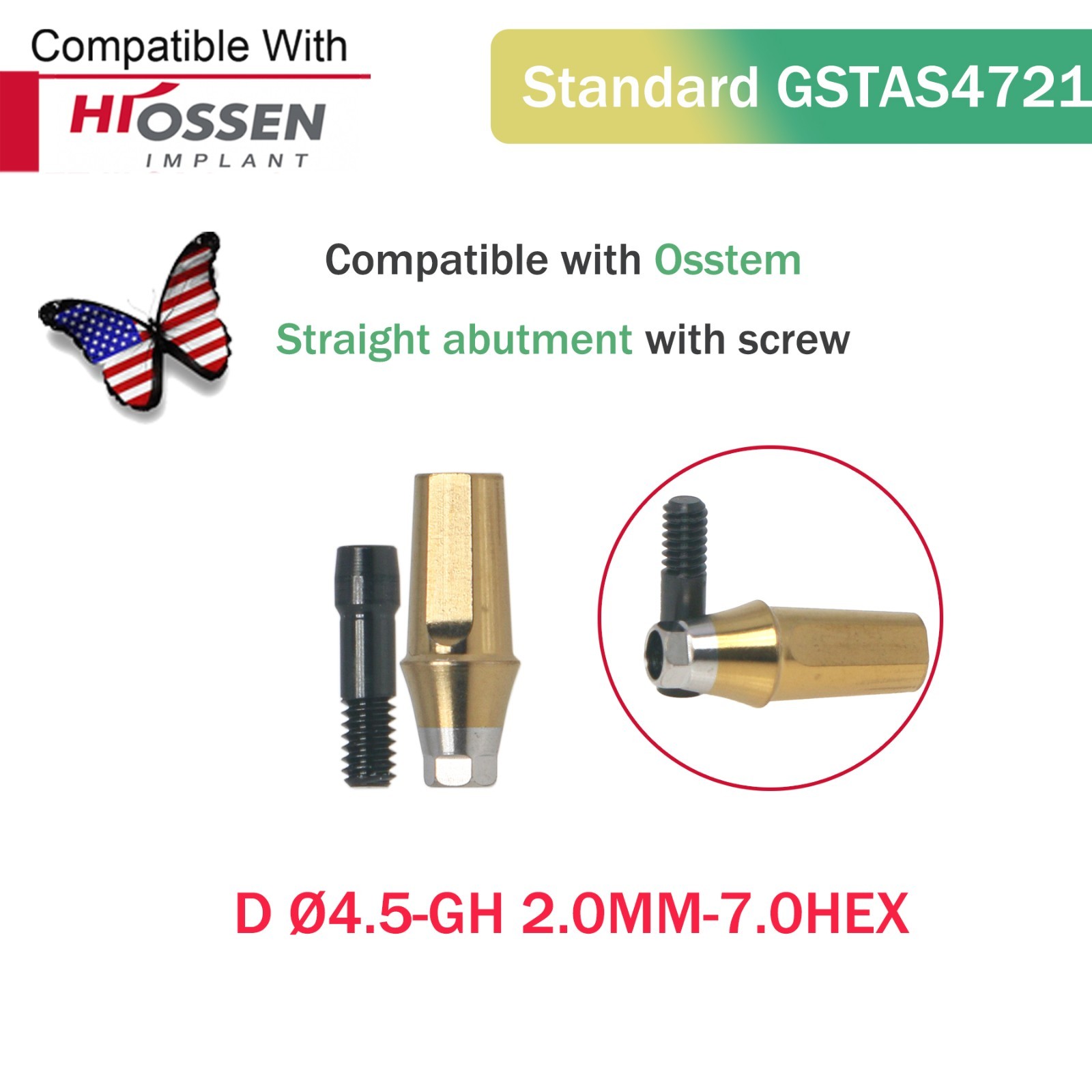 US Titanium Straight Transfer Hex Abutment Fit Hiossen ET/Osstem TS Mini/Regular