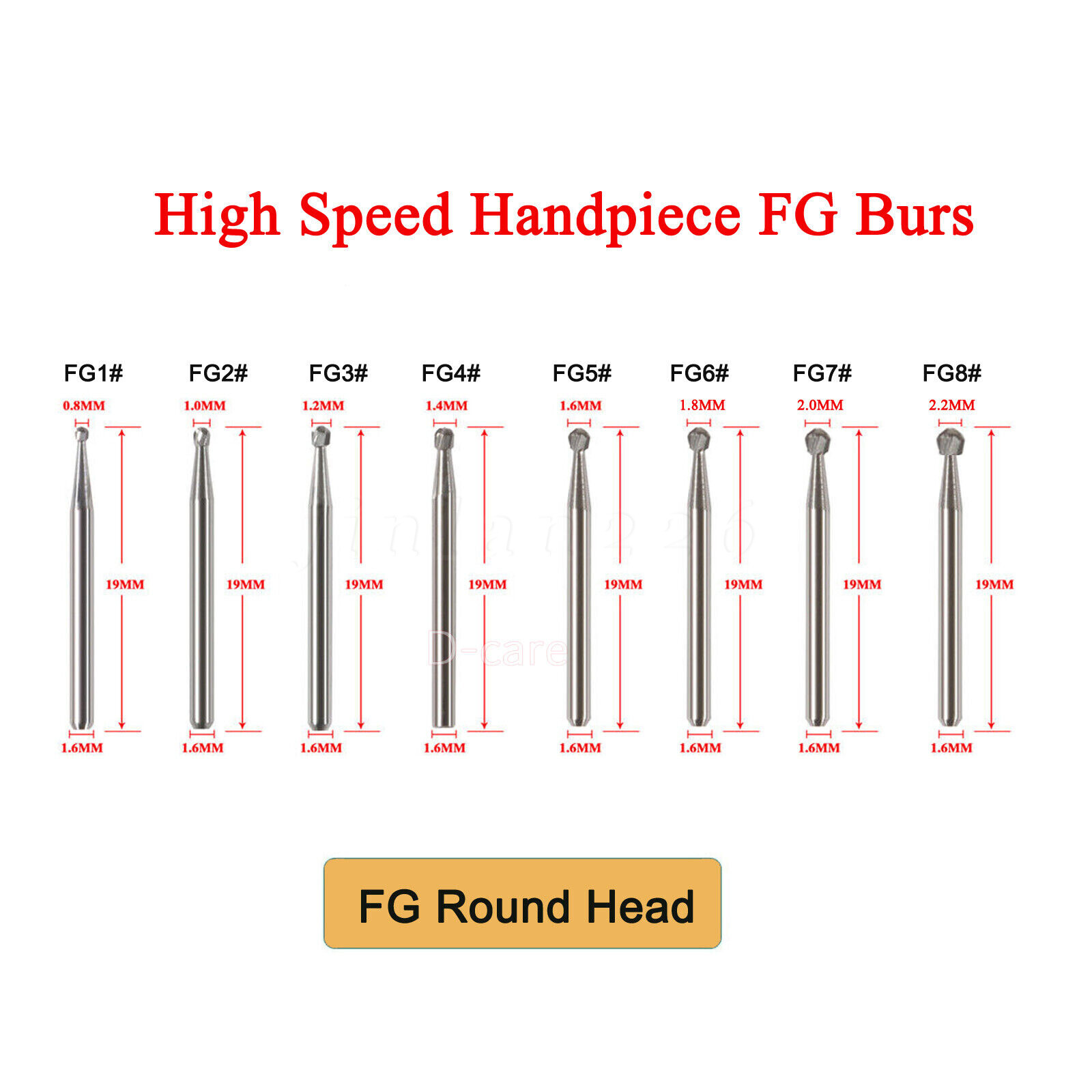 10-100pcs Dental Tugsten Round Carbide Burs FG 1-8 Bur for High Speed Handpiece