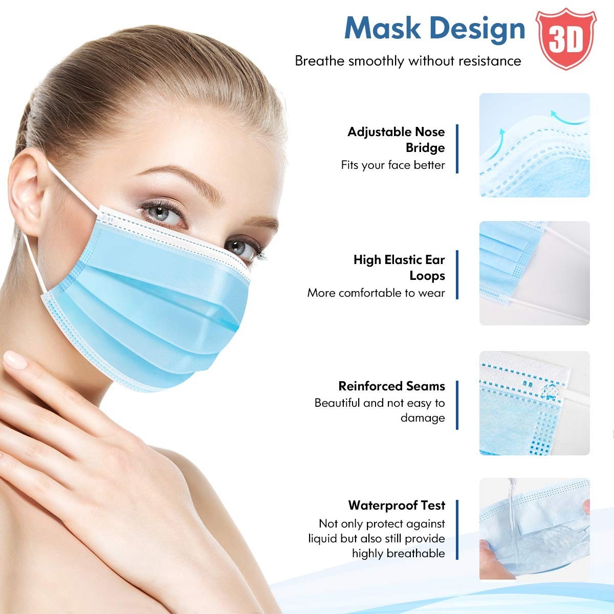 Disposable Adults 3Ply Non-Woven with Nose Clip Ear Loop Blue 50Pack