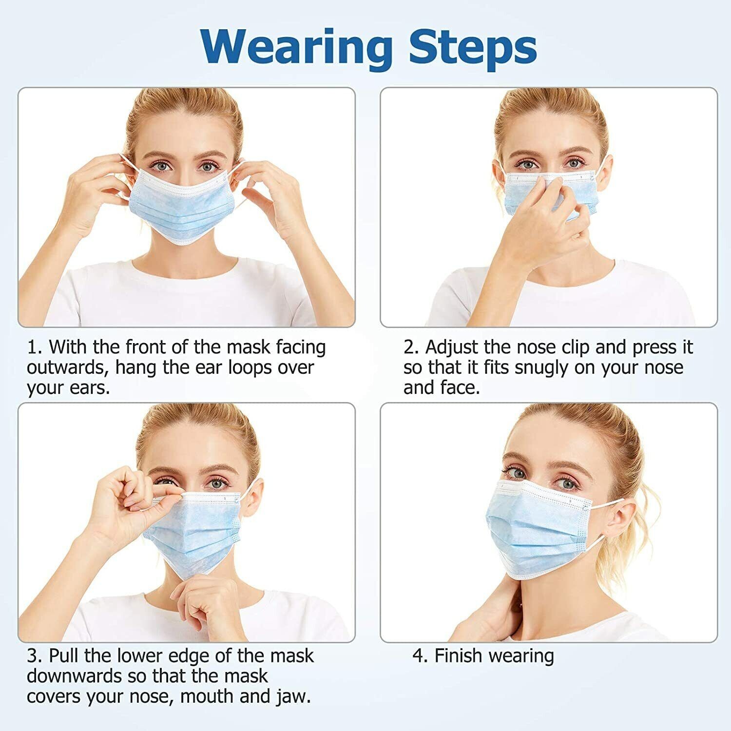 Disposable Face Masks (50pc) 3-Layers, Ear Loop Type, Blue. Free Shipping