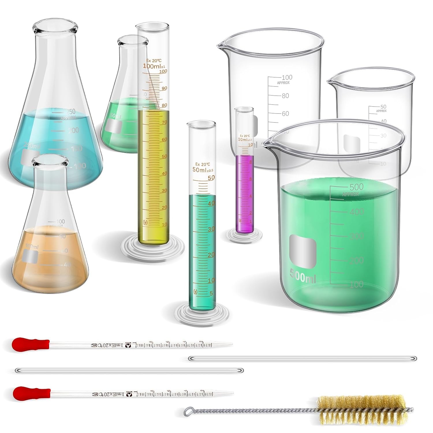 14Pcs Lab Flask Glass Measuring Glass Set: Beakers & Cylinders Lab Drying Rack