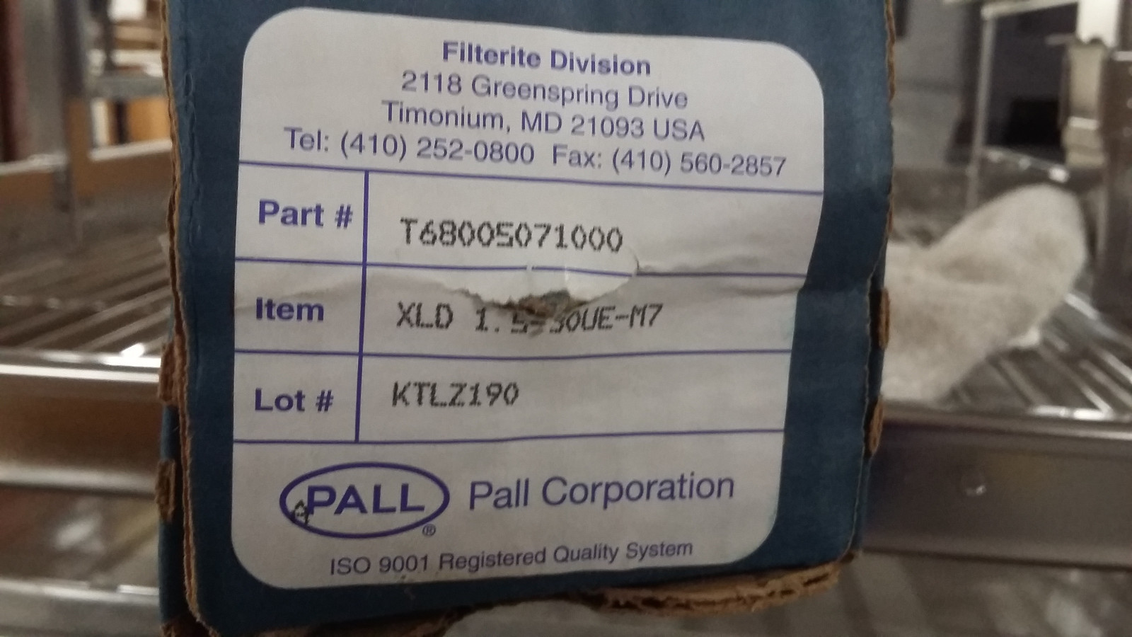 PALL Filters PN#T68005071000; Item XLD 1.5-SOUE-M7, Lot# KTLZ190 Extended Life