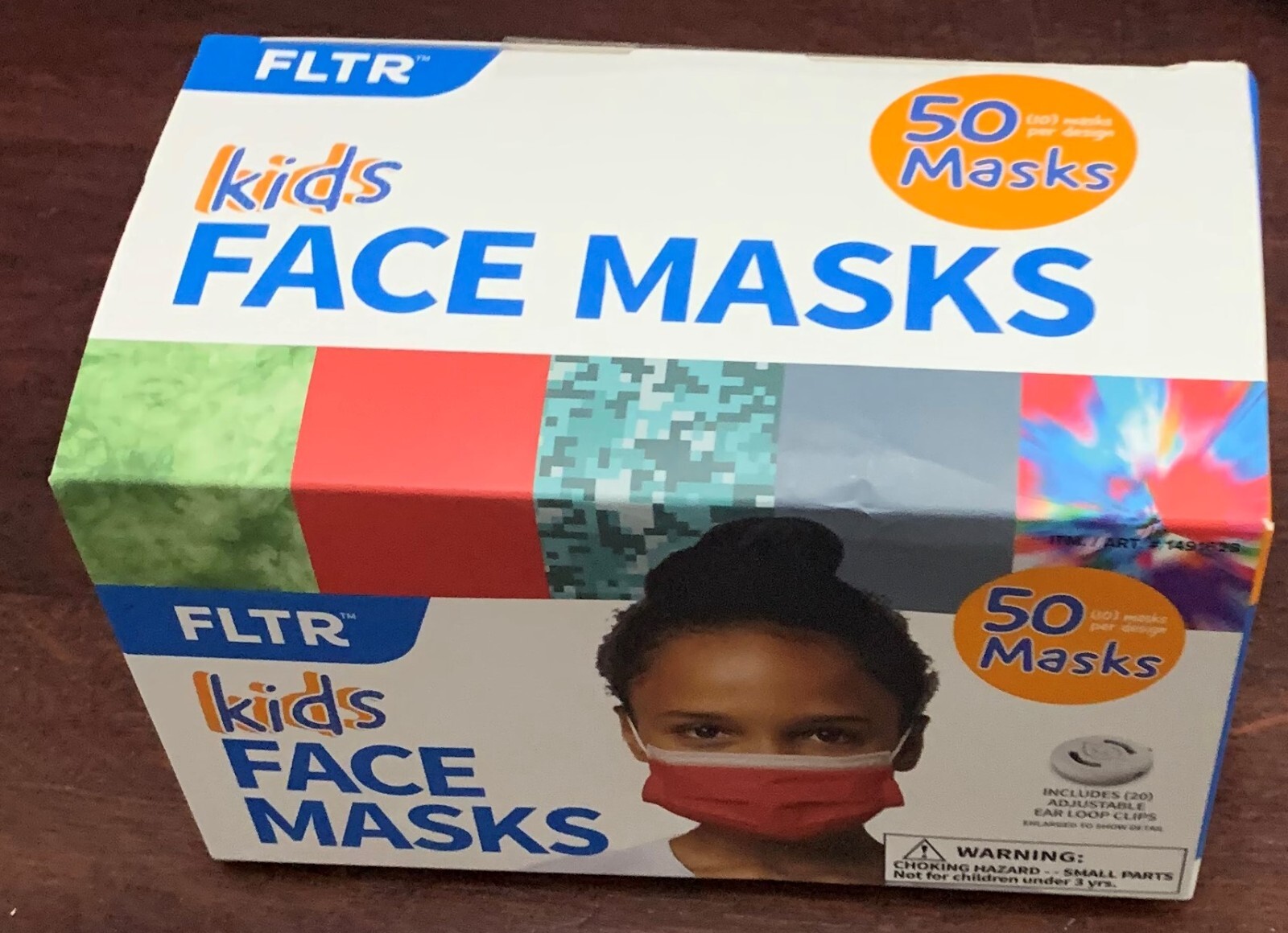 FLTR Kids Face Masks 5 Designs 50 Pack, 20 adjustable ear loop clips
