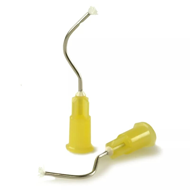 100 Pcs Dental Delivery Pre bent Tips with Brush Padded End 19G Yellow USA
