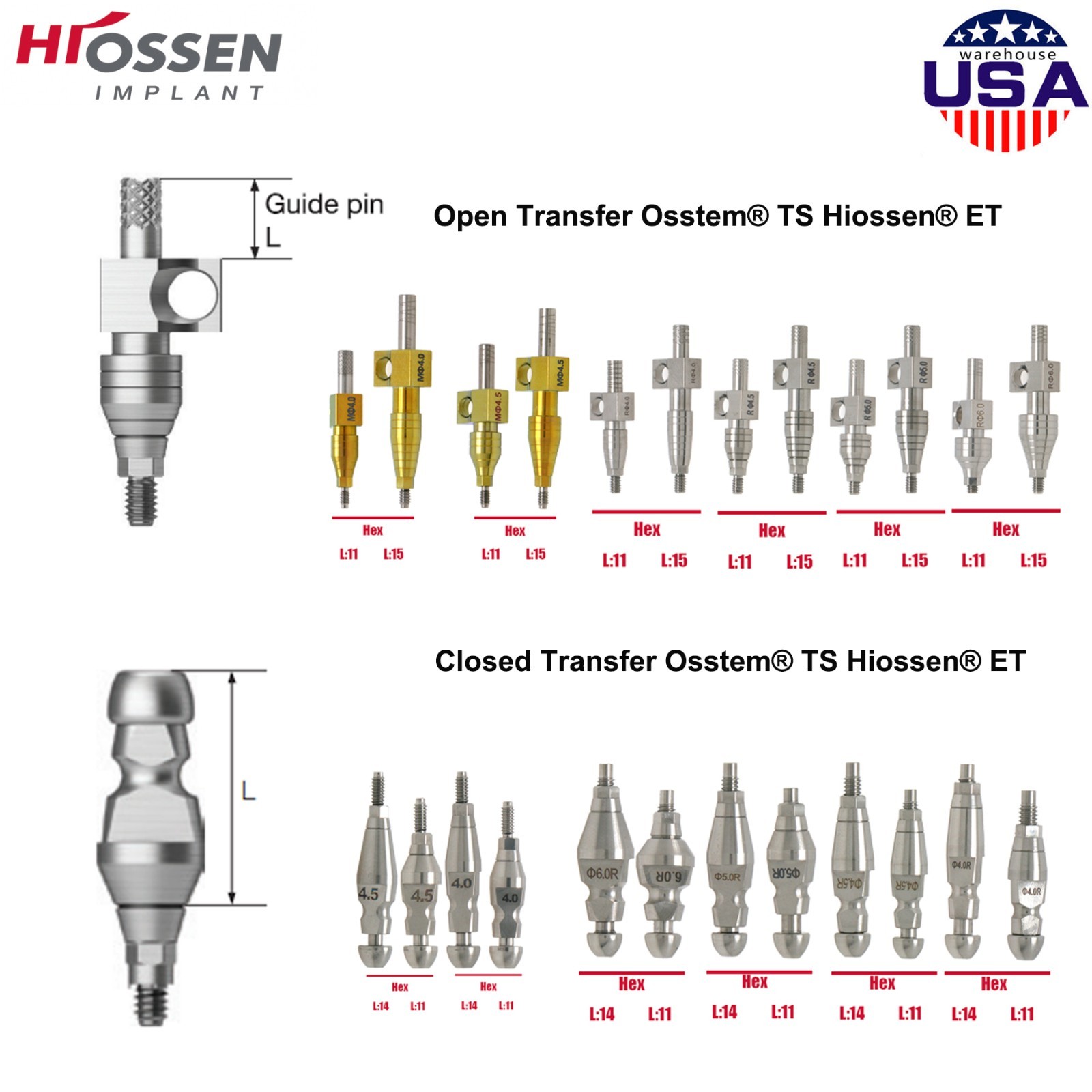 US Impression Transfer Coping Mini & Regular Hex Open / Closed Tray Hiossen ET