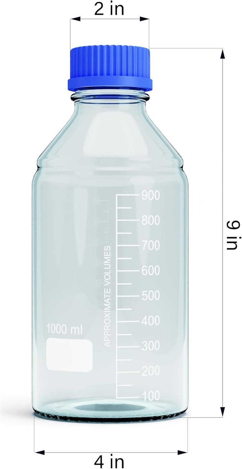 1000ml Glass Round Media Storage Bottles with GL45 Screw Cap, Borosilicate Glass