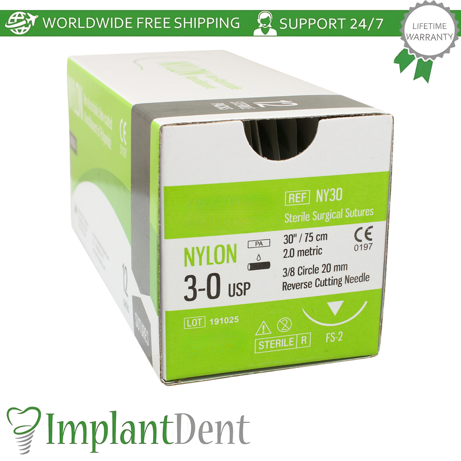 X5 Mon0fiIament Nylon Dental Thread SteriIe 75cm 12pcs 3/8 Circle 20.0mm Reverse