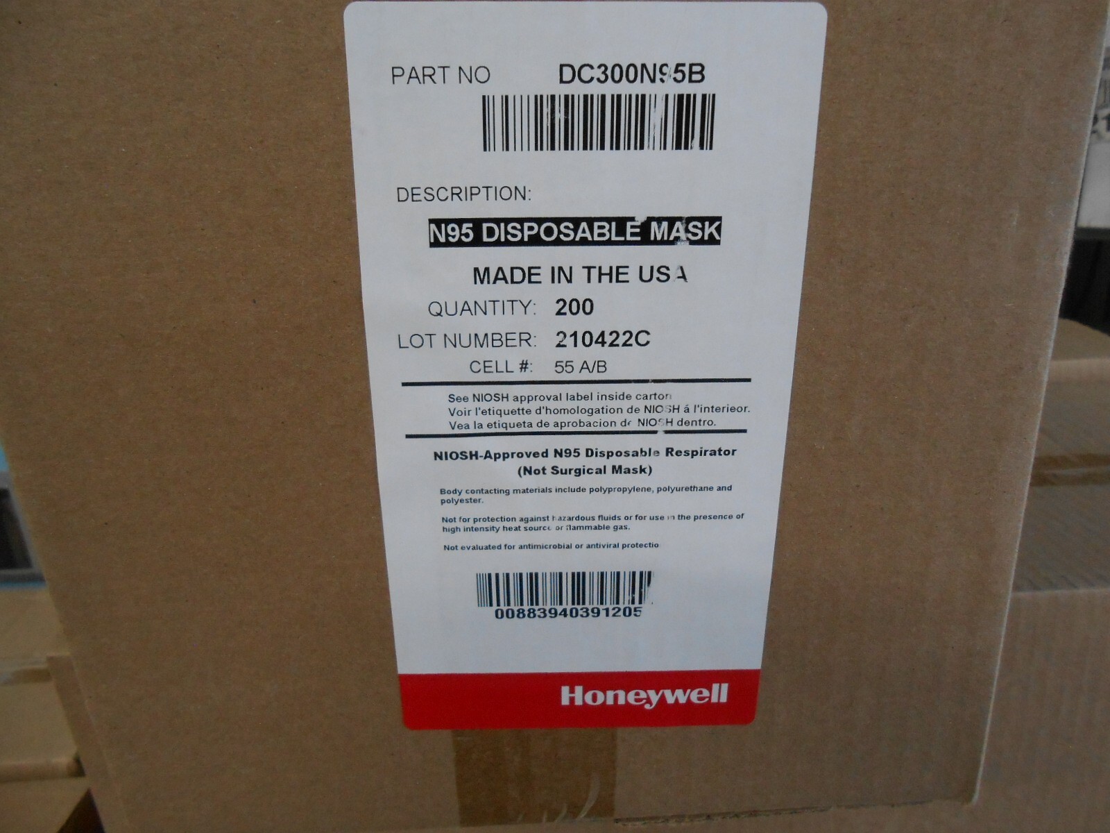 200 Honeywell N95 DC300N95B Respirator Particle Masks Disposable NIOSH