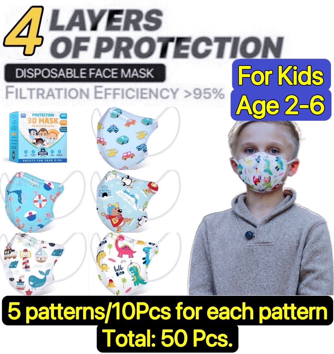 50 Pcs Protective 4 Layer Cartoon Face Mask BFE 95% Disposable 3D Masks For Kids