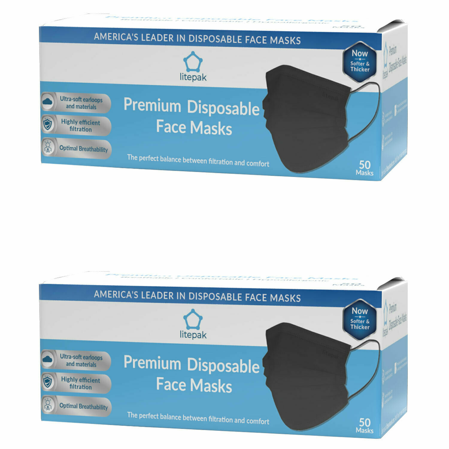 100pcs Litepak Black Disposable 3 Ply Face Mask SOFT Earloop Premium Mouth Cover