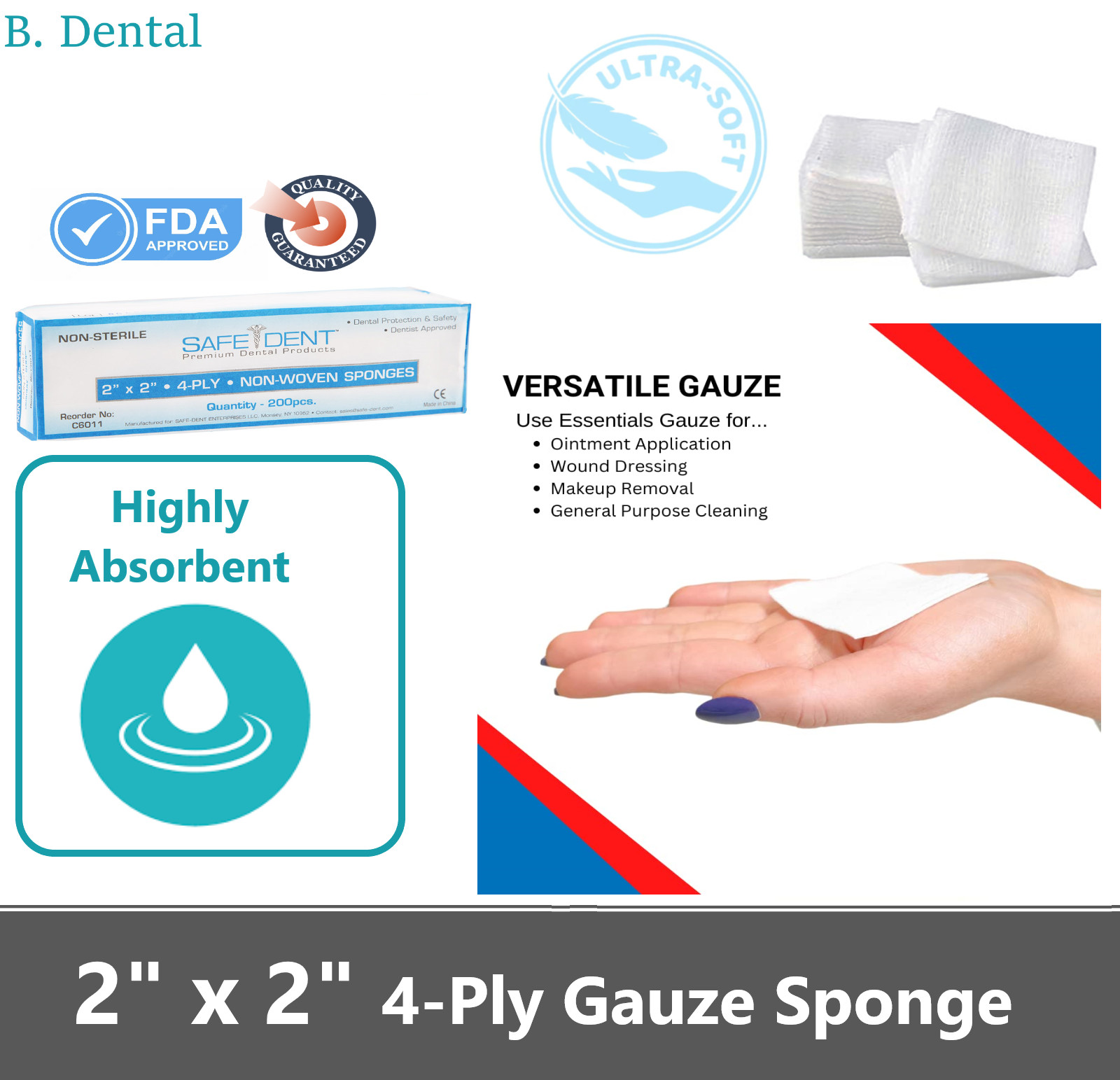 2×2 Dental Gauze Pads, Squares for First Aid Sponges, Non Woven Medical Wipes