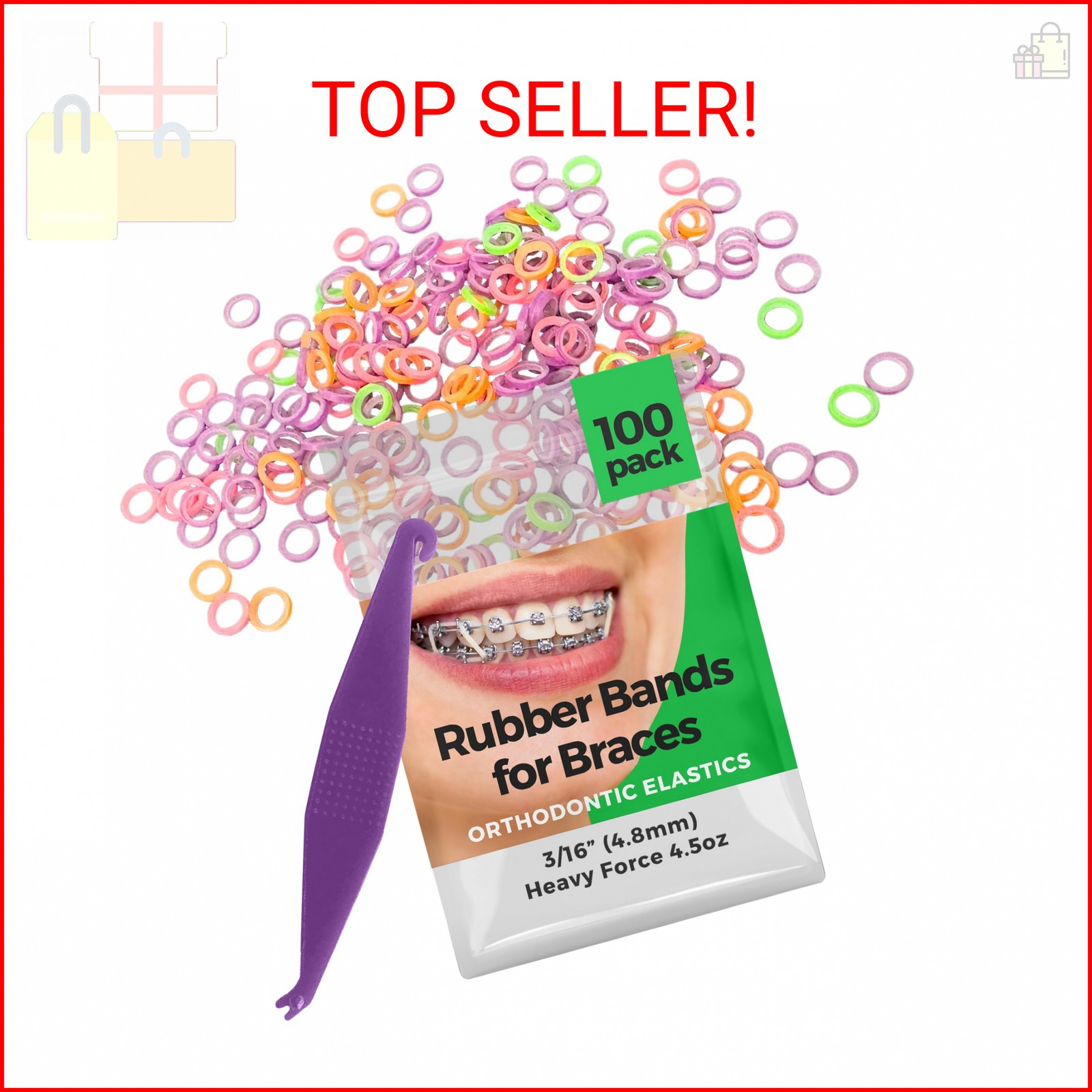 Orthodontic Rubber Bands for Braces 3/16 Heavy Force 4.5 oz – 100 Pack, Neon, El