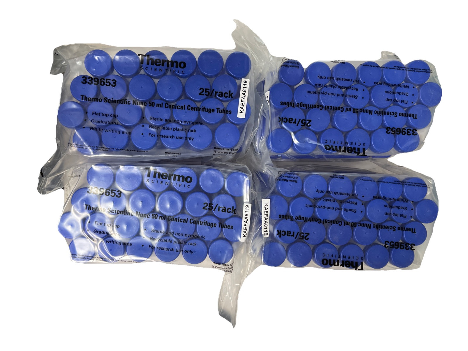4X 25/rack Nunc PP 50mL Conical Centrifuge Tubes w/Caps 339653 Racked 25/rack
