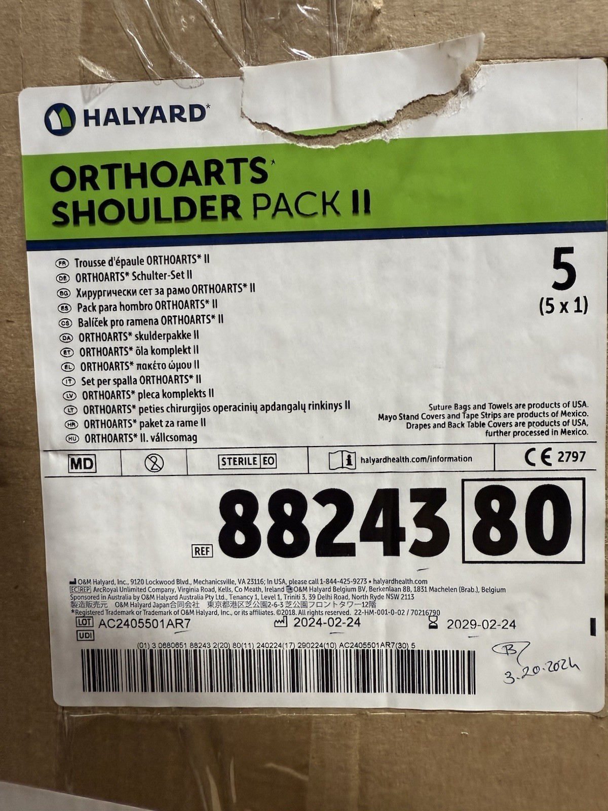 Halyard 88243 – Ortharts Shoulder Pack II, Case Of 5 Each, 2029 Expiration.