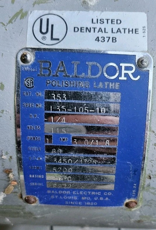 Baldor 353 Dental Polishing Lathe Buffer Motor 1/4HP 2-Speed w/ Chuck Ejector